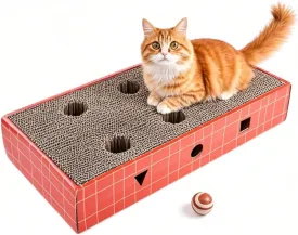 17.32 X 8.15 Inch Cat Puzzle Toy,Box Shape Cat Scratcher with Bell Ball, Cat Scratching Board for Indoor Cats