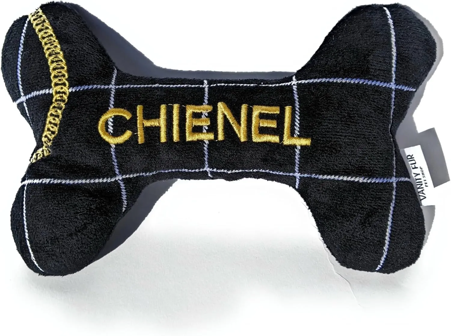 2-in-1 Plush Squeaky Dog Toy with Rubber Bone Inside | Interactive & Enrichment Chew Toy for Dogs | Chienel Designer Parody  Black Fashion | Durable, Stuffed & Squeaker Toy