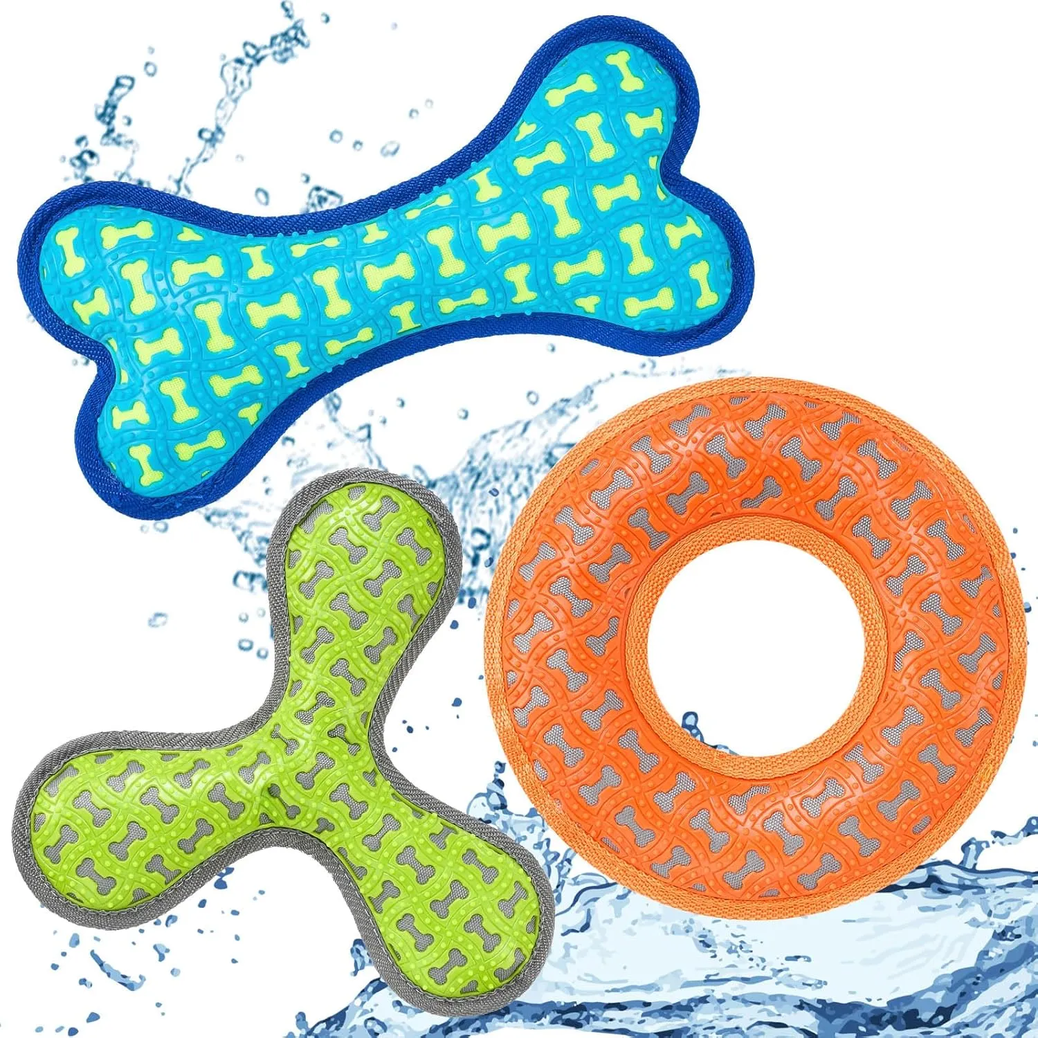 3 Pcs Floating Dog Toy with Squeaker Interactive Dog Training Fetching Toy for Small Medium Large Pets, Bone Ring Spinner Shape for Summer Pool Beach Non Aggressive Chewers