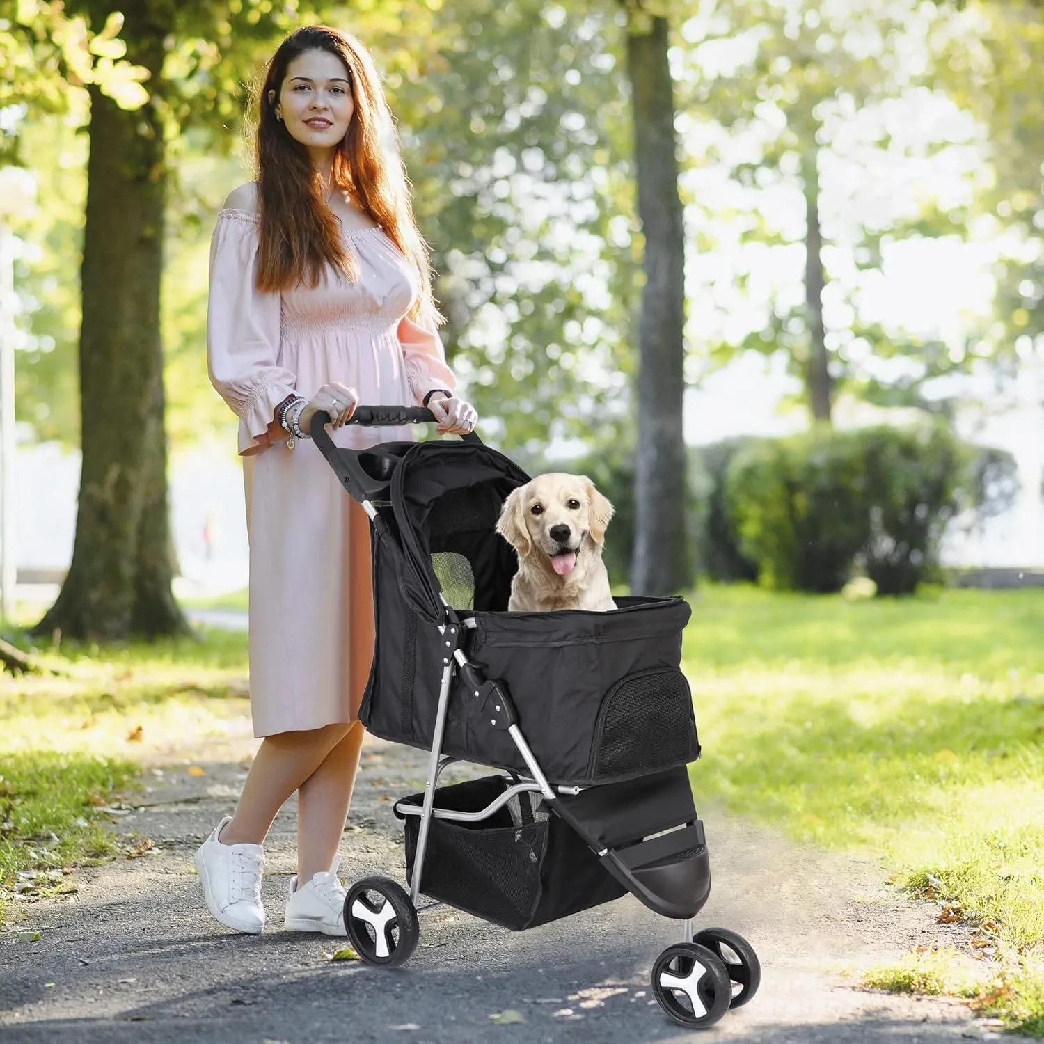 3 Wheels Dog Stroller, Pet Strolling Cart with Skylight Storage Basket Cup Holder Storage Tray, Animal Carrier for Medium Small Dogs and Cats, Easy Walk