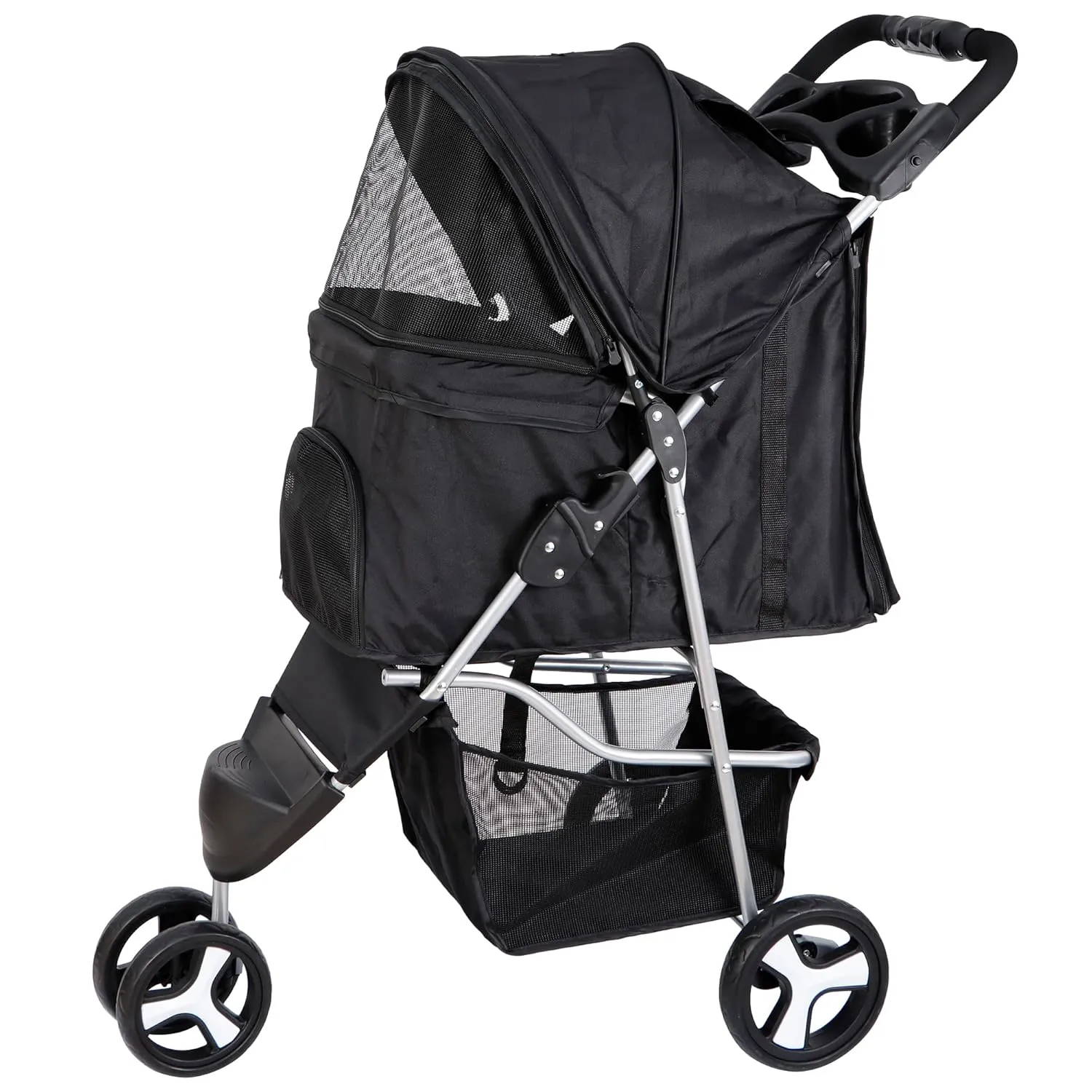 3 Wheels Dog Stroller, Pet Strolling Cart with Skylight Storage Basket Cup Holder Storage Tray, Animal Carrier for Medium Small Dogs and Cats, Easy Walk