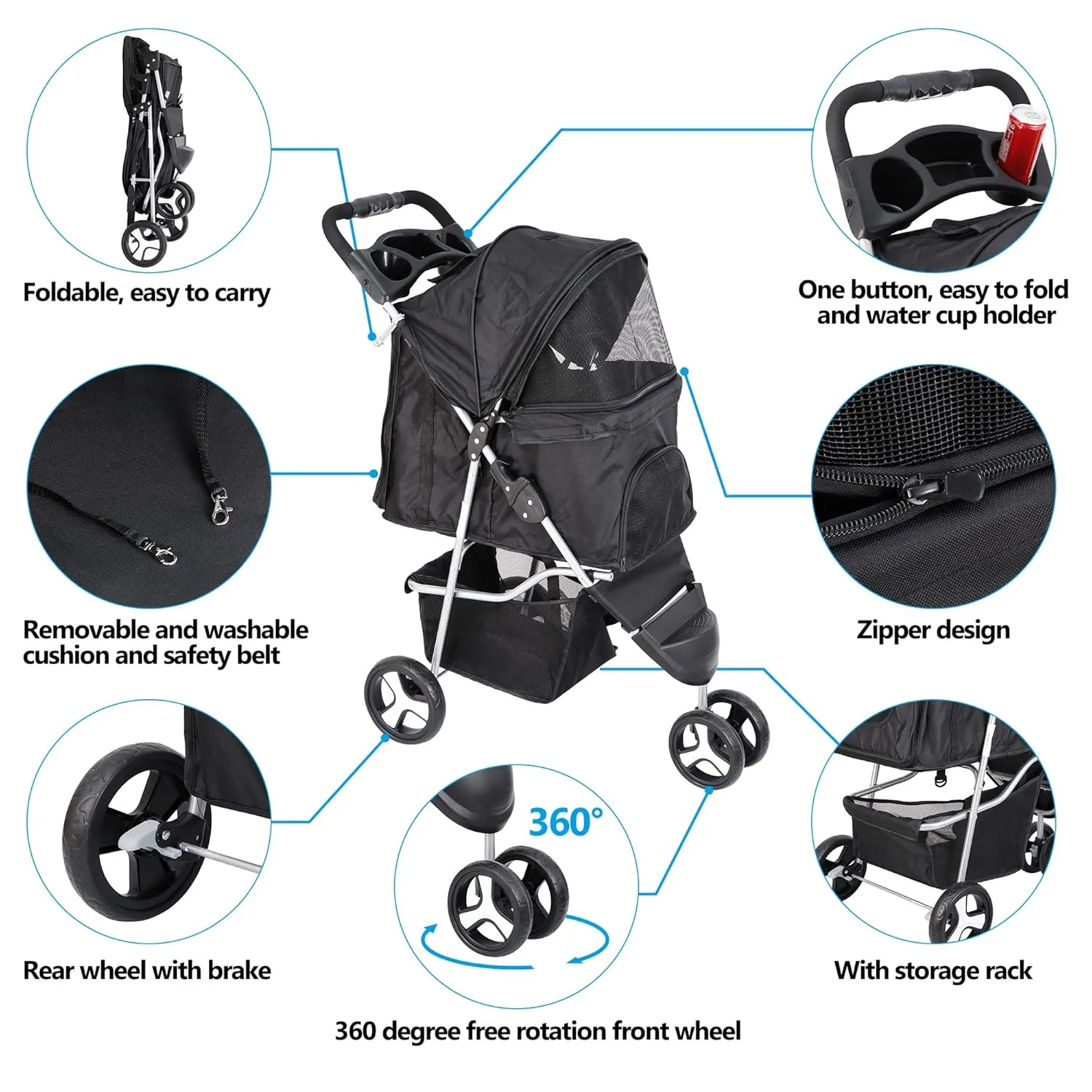 3 Wheels Dog Stroller, Pet Strolling Cart with Skylight Storage Basket Cup Holder Storage Tray, Animal Carrier for Medium Small Dogs and Cats, Easy Walk
