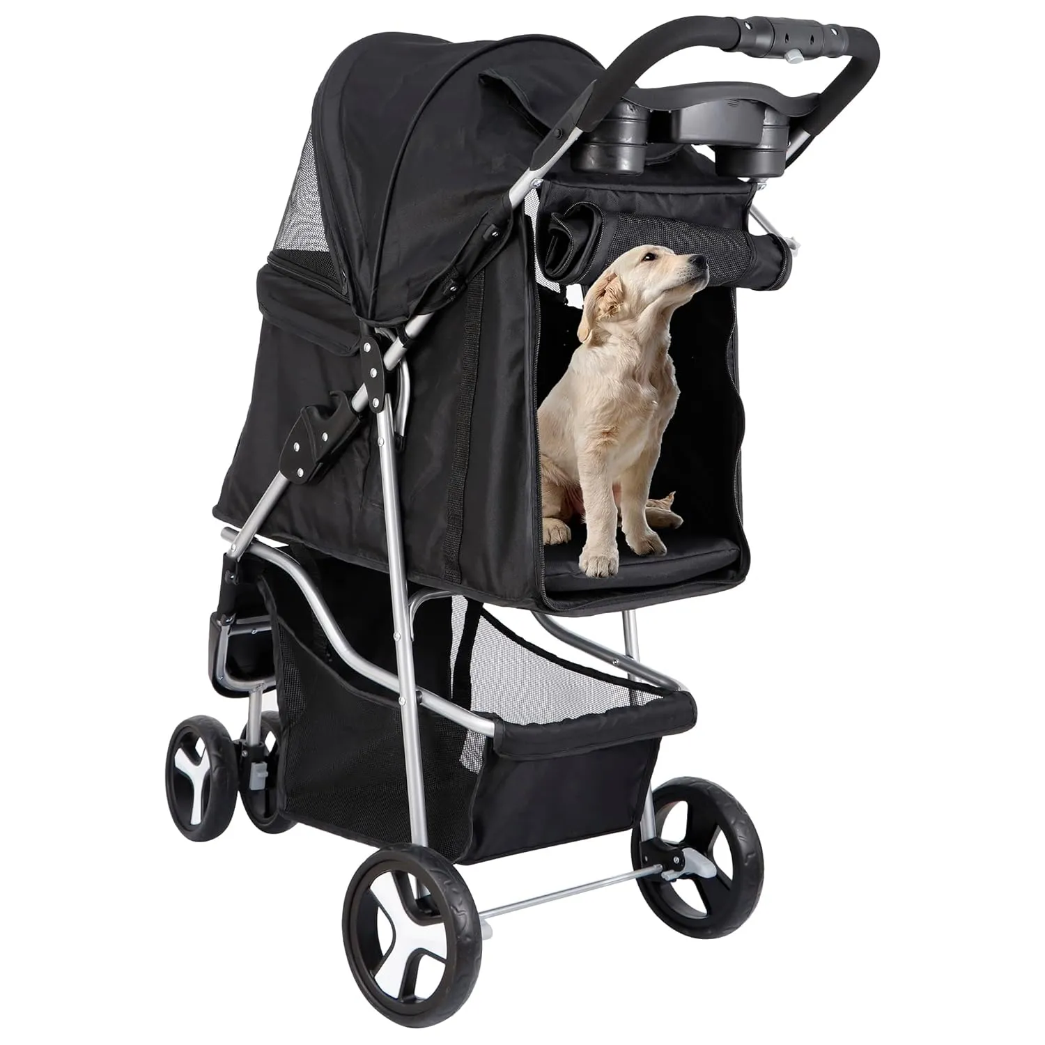 3 Wheels Dog Stroller, Pet Strolling Cart with Skylight Storage Basket Cup Holder Storage Tray, Animal Carrier for Medium Small Dogs and Cats, Easy Walk