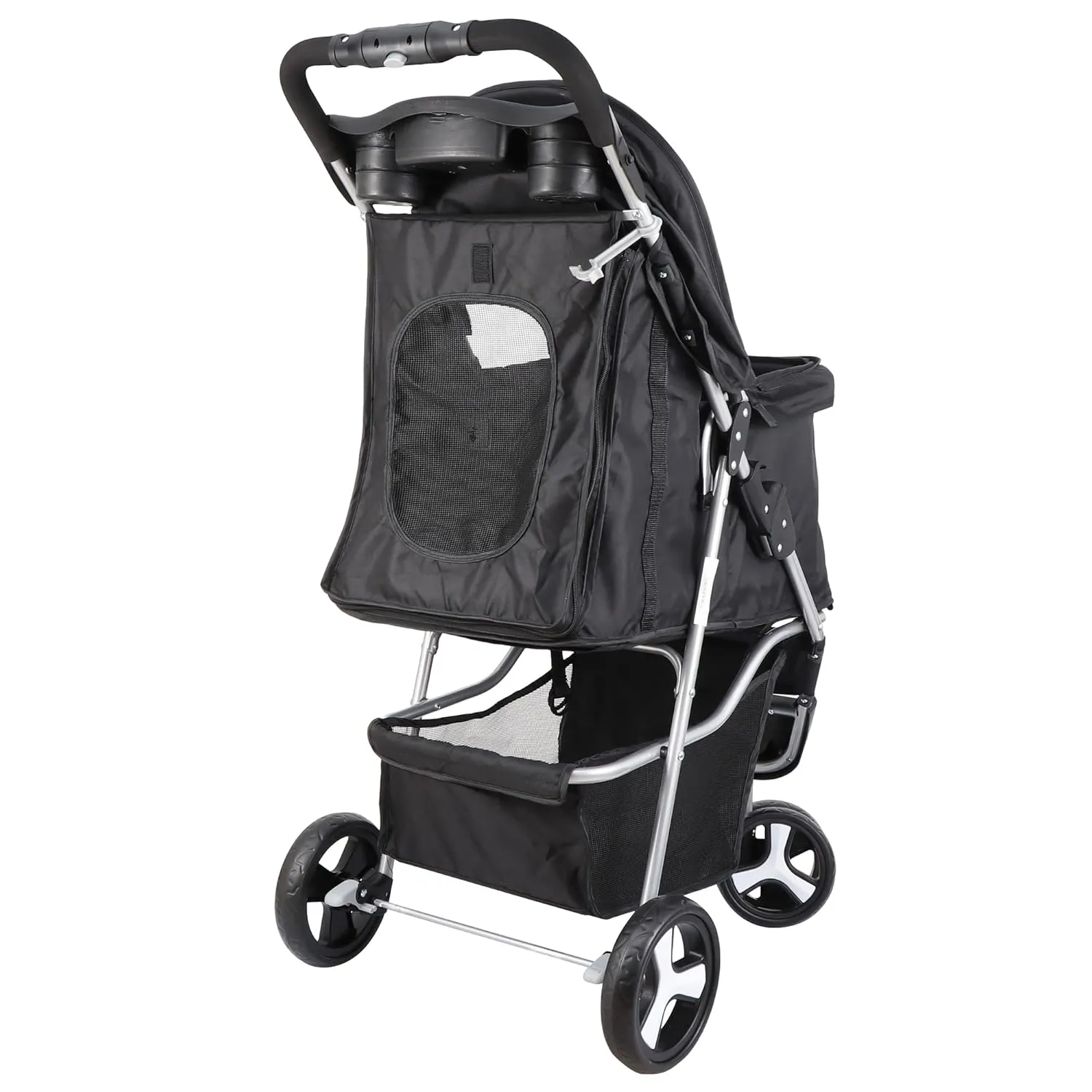 3 Wheels Dog Stroller, Pet Strolling Cart with Skylight Storage Basket Cup Holder Storage Tray, Animal Carrier for Medium Small Dogs and Cats, Easy Walk