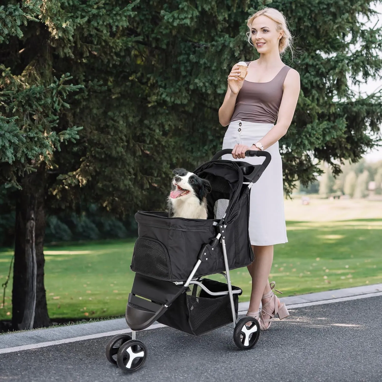 3 Wheels Dog Stroller, Pet Strolling Cart with Skylight Storage Basket Cup Holder Storage Tray, Animal Carrier for Medium Small Dogs and Cats, Easy Walk