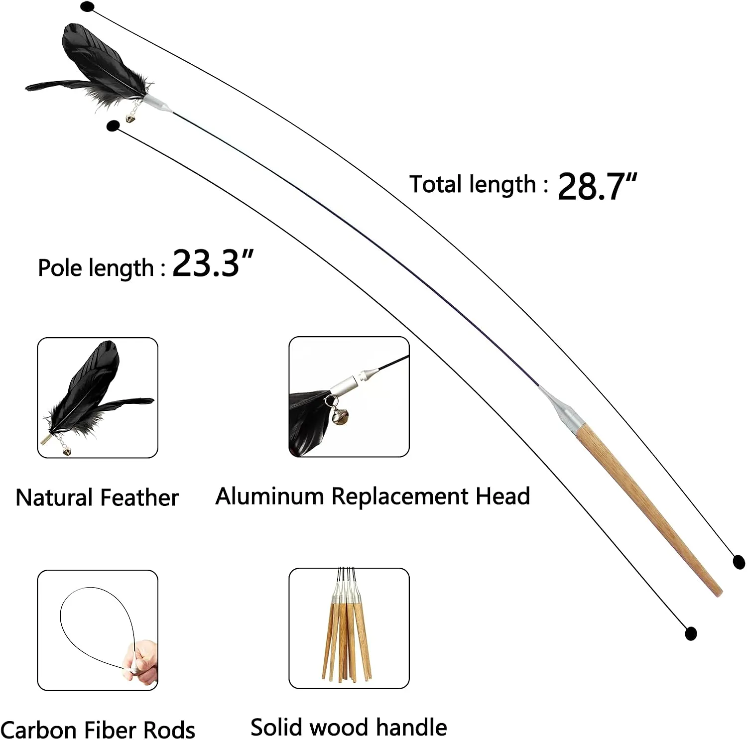 3Pcs Cat Feather Wand With Bell - Unbreakable Short Cat Toy With 6 Natural Feather Refills, Sturdy Wooden Handle and Carbon Fiber Pole - Portable, Easy to Assemble (28.7")