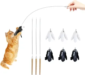 3Pcs Cat Feather Wand With Bell - Unbreakable Short Cat Toy With 6 Natural Feather Refills, Sturdy Wooden Handle and Carbon Fiber Pole - Portable, Easy to Assemble (28.7")