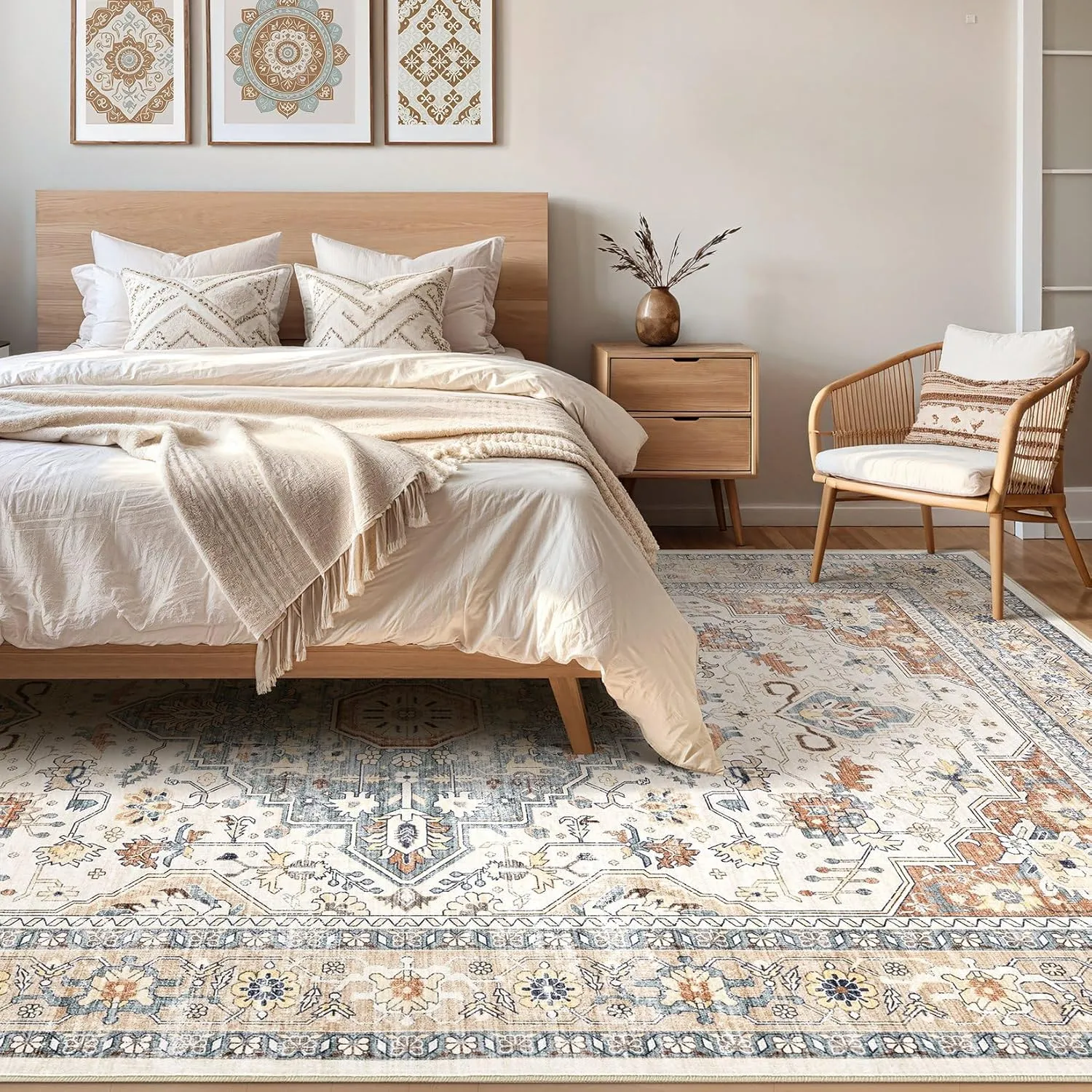 5x7 Area Rugs Living Room: Washable Boho Large Neutral Vintage Soft Rug Stain Resistant Farmhouse Non-Slip Indoor Thicken Carpet for Bedroom Nursery Kids Playroom Dining Room- Beige Blue