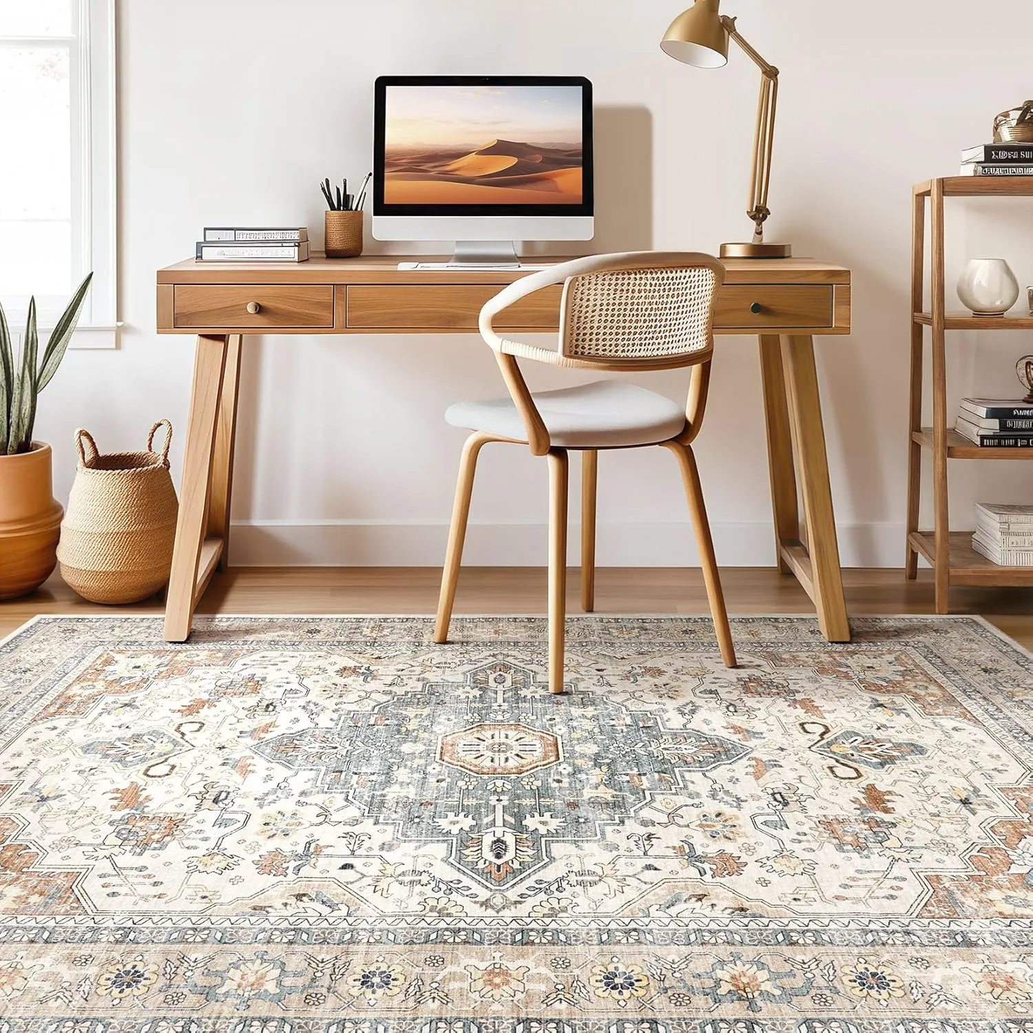 5x7 Area Rugs Living Room: Washable Boho Large Neutral Vintage Soft Rug Stain Resistant Farmhouse Non-Slip Indoor Thicken Carpet for Bedroom Nursery Kids Playroom Dining Room- Beige Blue