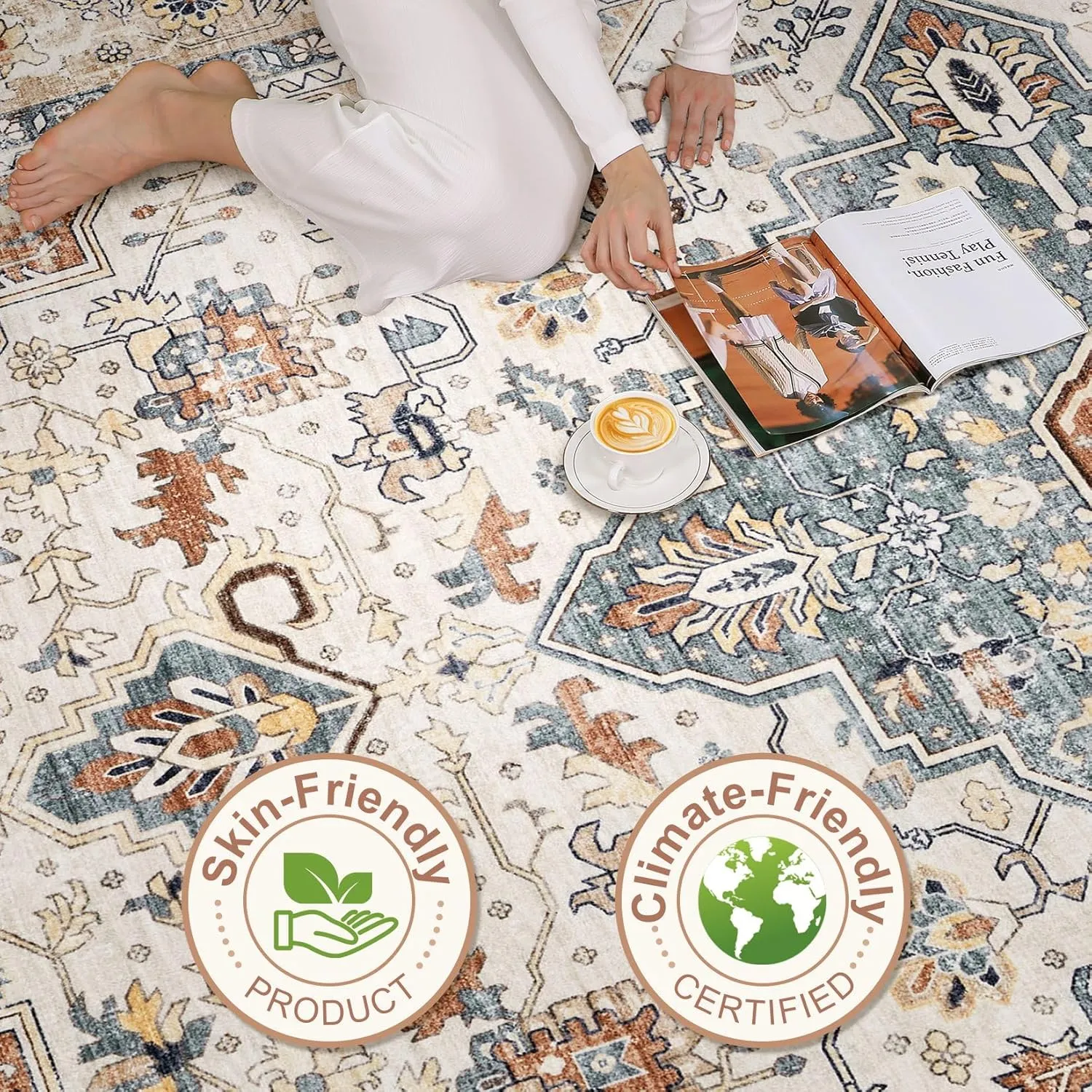5x7 Area Rugs Living Room: Washable Boho Large Neutral Vintage Soft Rug Stain Resistant Farmhouse Non-Slip Indoor Thicken Carpet for Bedroom Nursery Kids Playroom Dining Room- Beige Blue