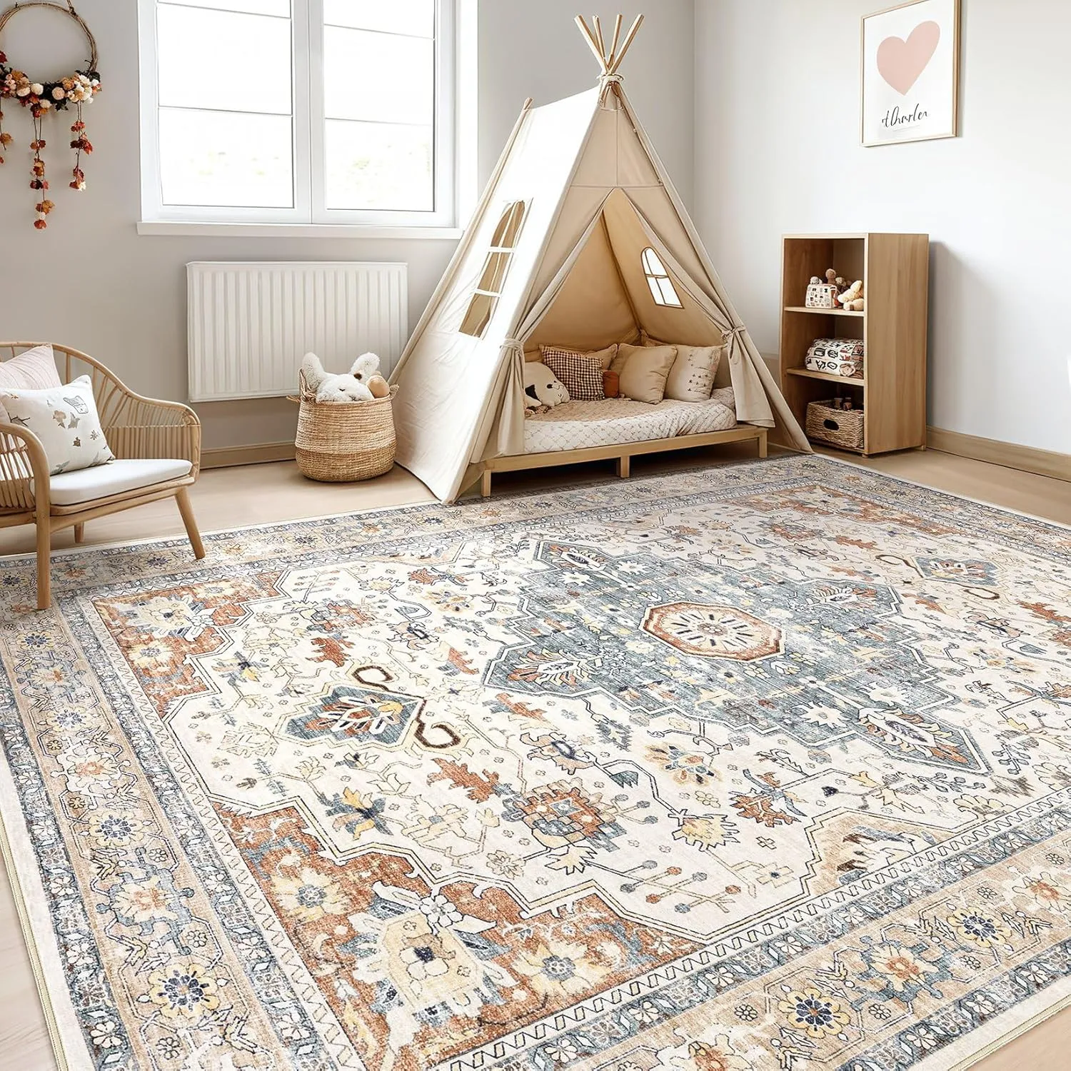 5x7 Area Rugs Living Room: Washable Boho Large Neutral Vintage Soft Rug Stain Resistant Farmhouse Non-Slip Indoor Thicken Carpet for Bedroom Nursery Kids Playroom Dining Room- Beige Blue