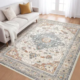 5x7 Area Rugs Living Room: Washable Boho Large Neutral Vintage Soft Rug Stain Resistant Farmhouse Non-Slip Indoor Thicken Carpet for Bedroom Nursery Kids Playroom Dining Room- Beige Blue