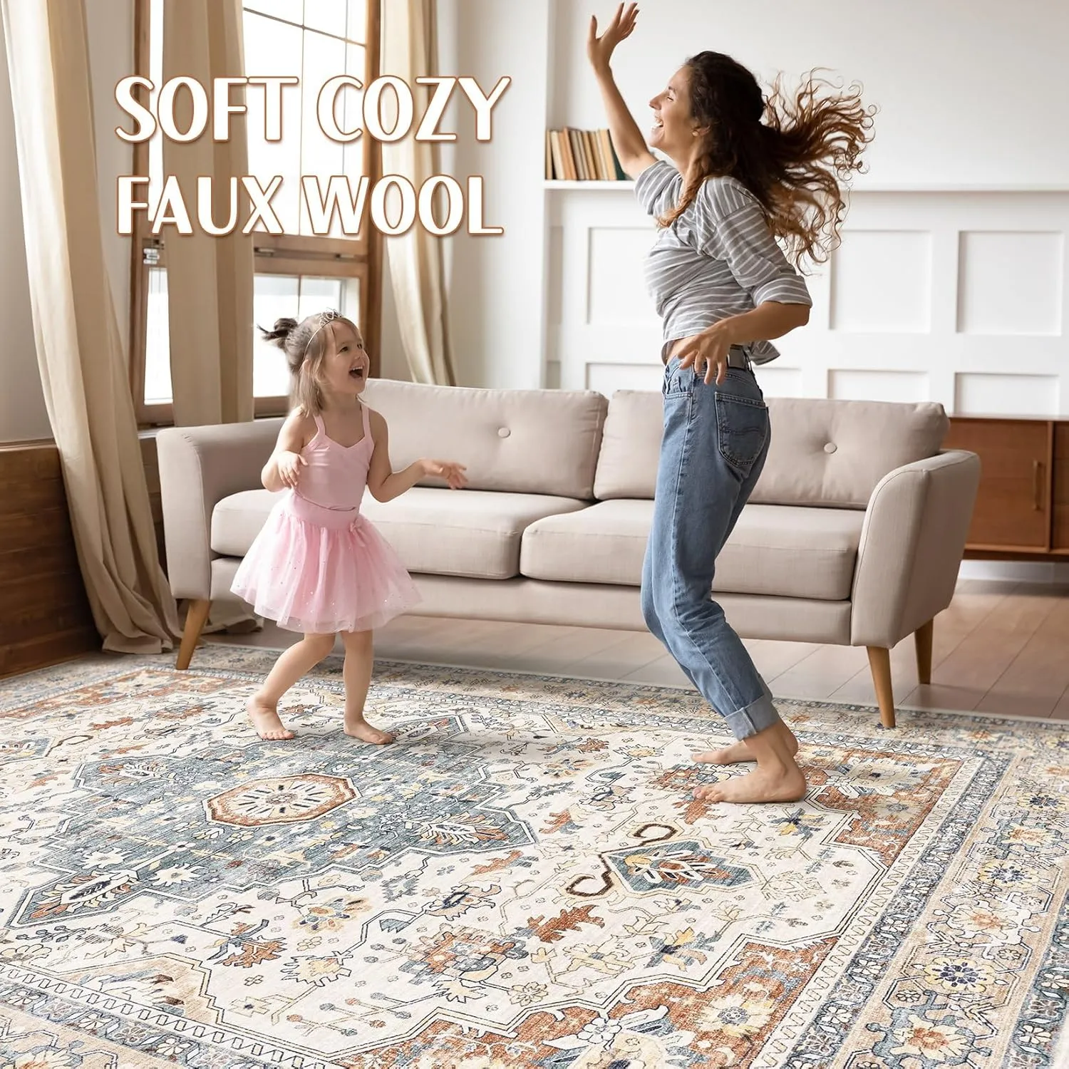 5x7 Area Rugs Living Room: Washable Boho Large Neutral Vintage Soft Rug Stain Resistant Farmhouse Non-Slip Indoor Thicken Carpet for Bedroom Nursery Kids Playroom Dining Room- Beige Blue