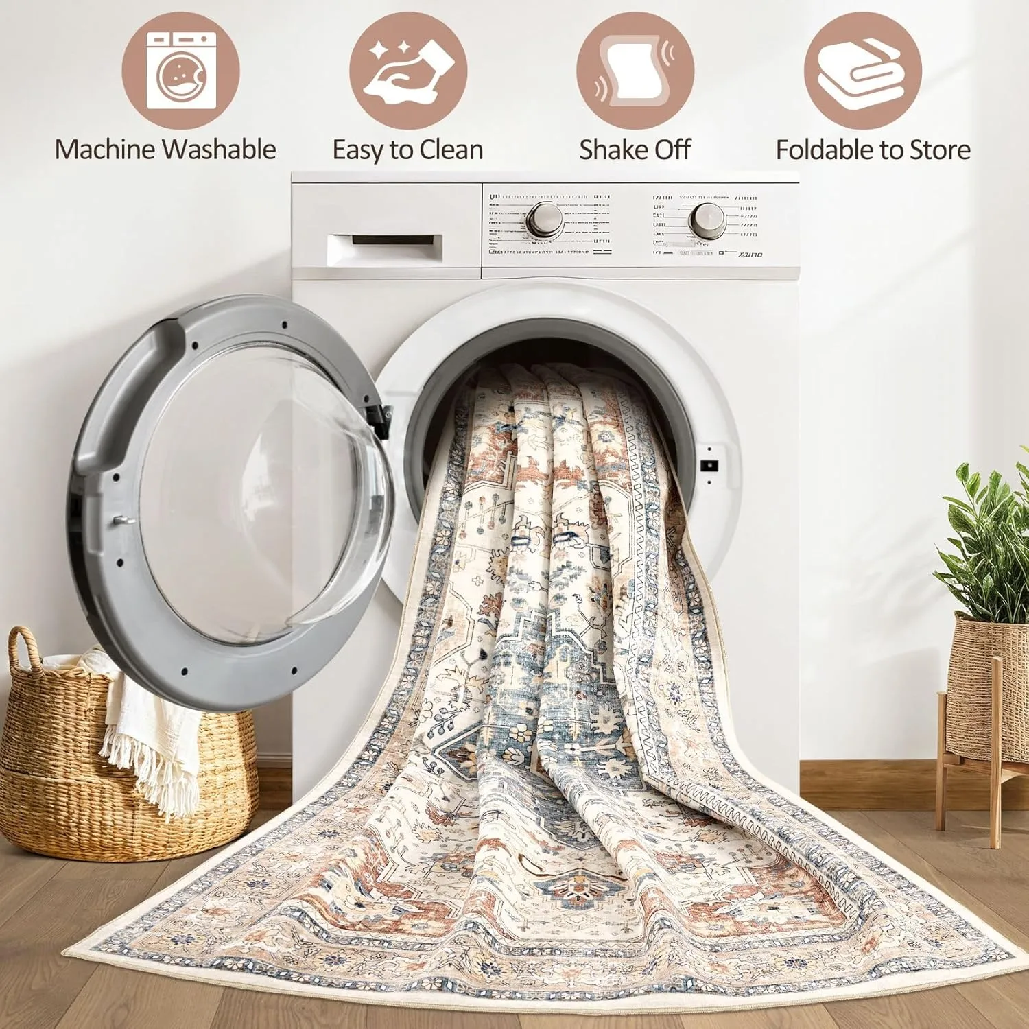 5x7 Area Rugs Living Room: Washable Boho Large Neutral Vintage Soft Rug Stain Resistant Farmhouse Non-Slip Indoor Thicken Carpet for Bedroom Nursery Kids Playroom Dining Room- Beige Blue