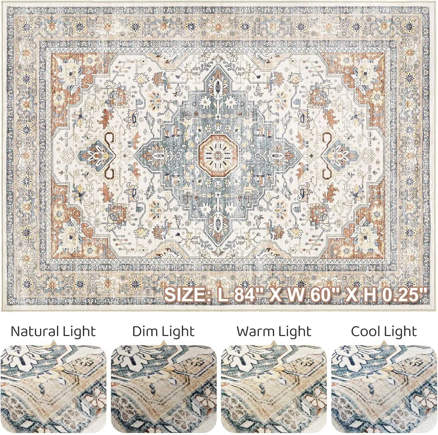 5x7 Area Rugs Living Room: Washable Boho Large Neutral Vintage Soft Rug Stain Resistant Farmhouse Non-Slip Indoor Thicken Carpet for Bedroom Nursery Kids Playroom Dining Room- Beige Blue