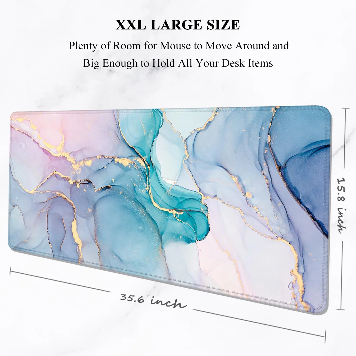 Auhoahsil Large Mouse Pad, XXL Gaming Mousepad, Desk Mat for Desktop, Thick Rubber, Big & Long Size, Stitched Edges, Full Desk Pad for Laptop & Computer, Extended 35.4 x 15.7 in, Blue Pink Marble