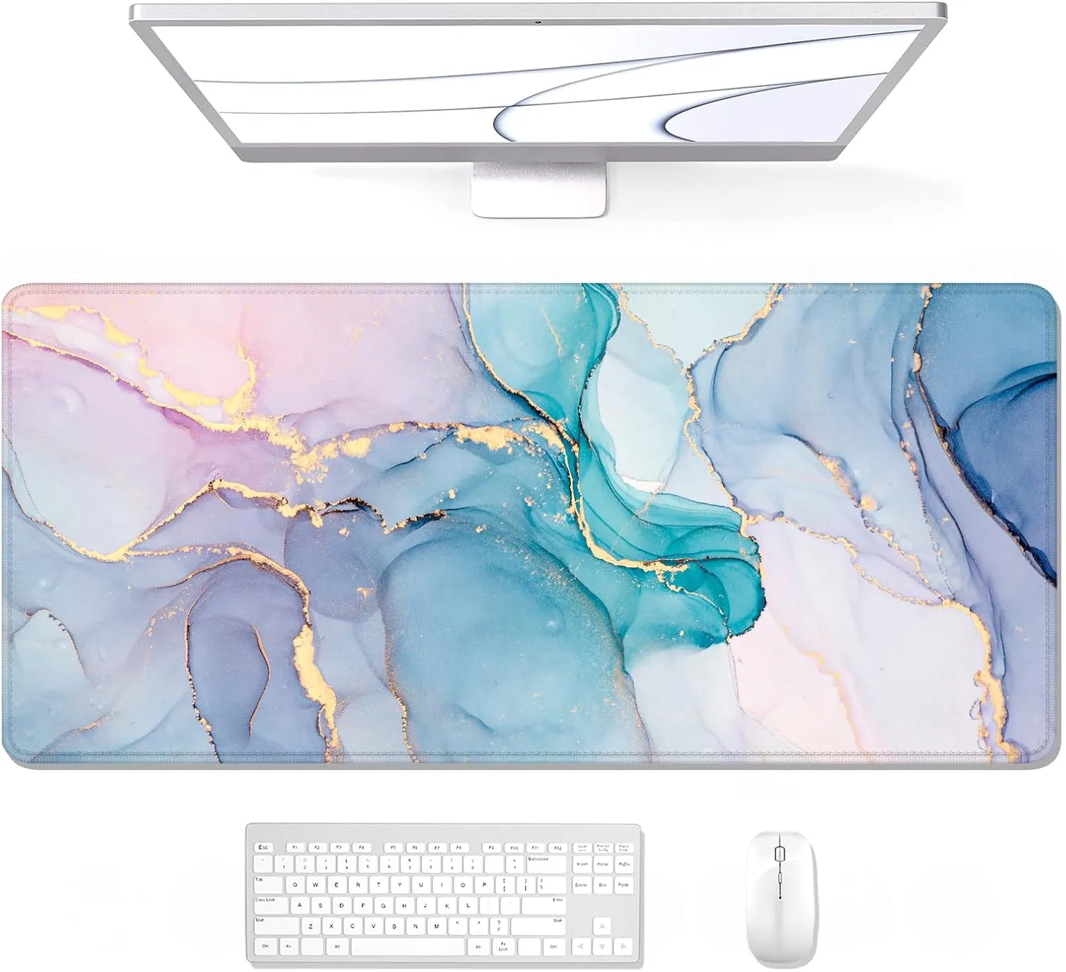 Auhoahsil Large Mouse Pad, XXL Gaming Mousepad, Desk Mat for Desktop, Thick Rubber, Big & Long Size, Stitched Edges, Full Desk Pad for Laptop & Computer, Extended 35.4 x 15.7 in, Blue Pink Marble