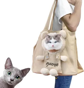 Bear-Shaped Show Head Pet Canvas Shoulder Bag, Outcrop (Khaki Bear-Large)