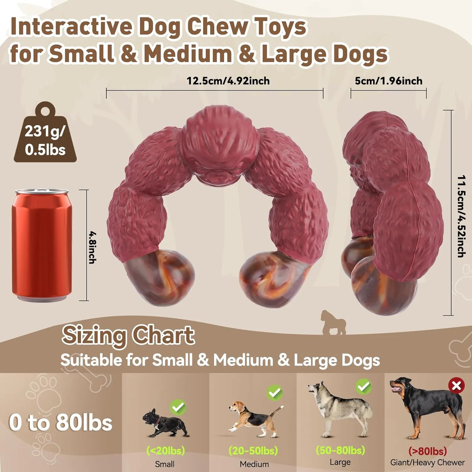 Bikissen Indestructible Dog Chew Toys for Aggressive Chewers, Keeps Large/Medium Dogs Busy, Tough Toys for Boredom (Brown)