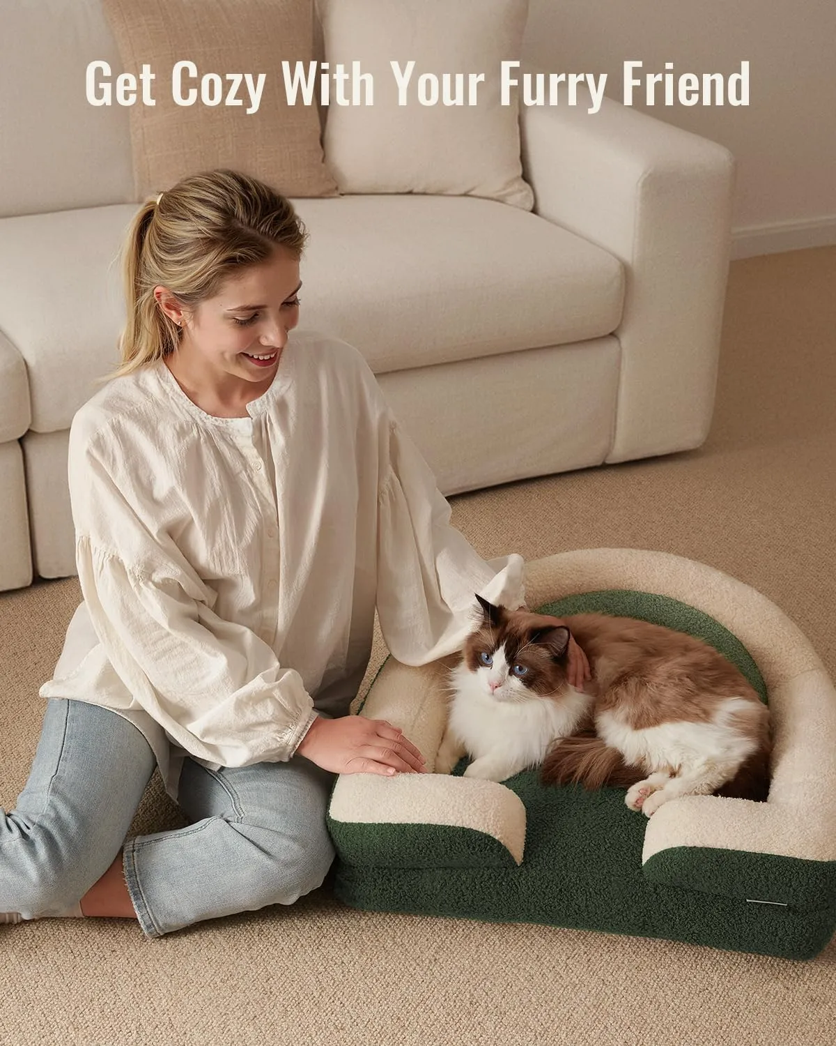 Blissful Diary Foam Cat Bed Small Size, Washable Pet Bed for Cats and Dogs, Soft Teddy Plush with Rainbow Design (Green)