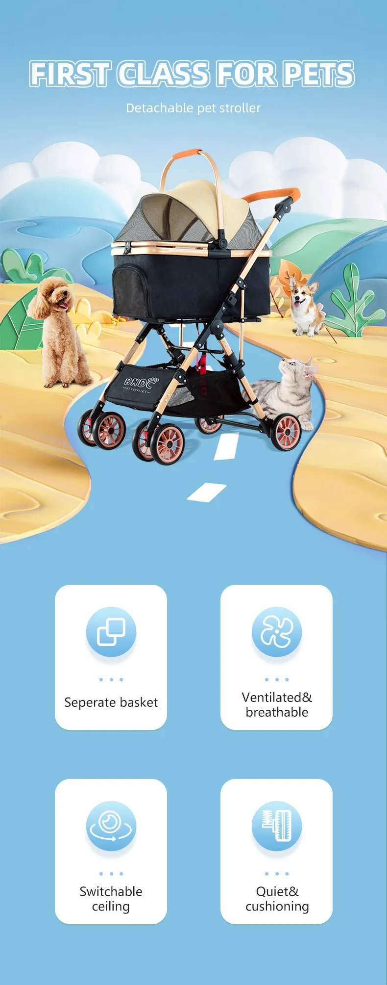 BNDC 103 Pram & Stroller For Dogs & Cats (Grey)