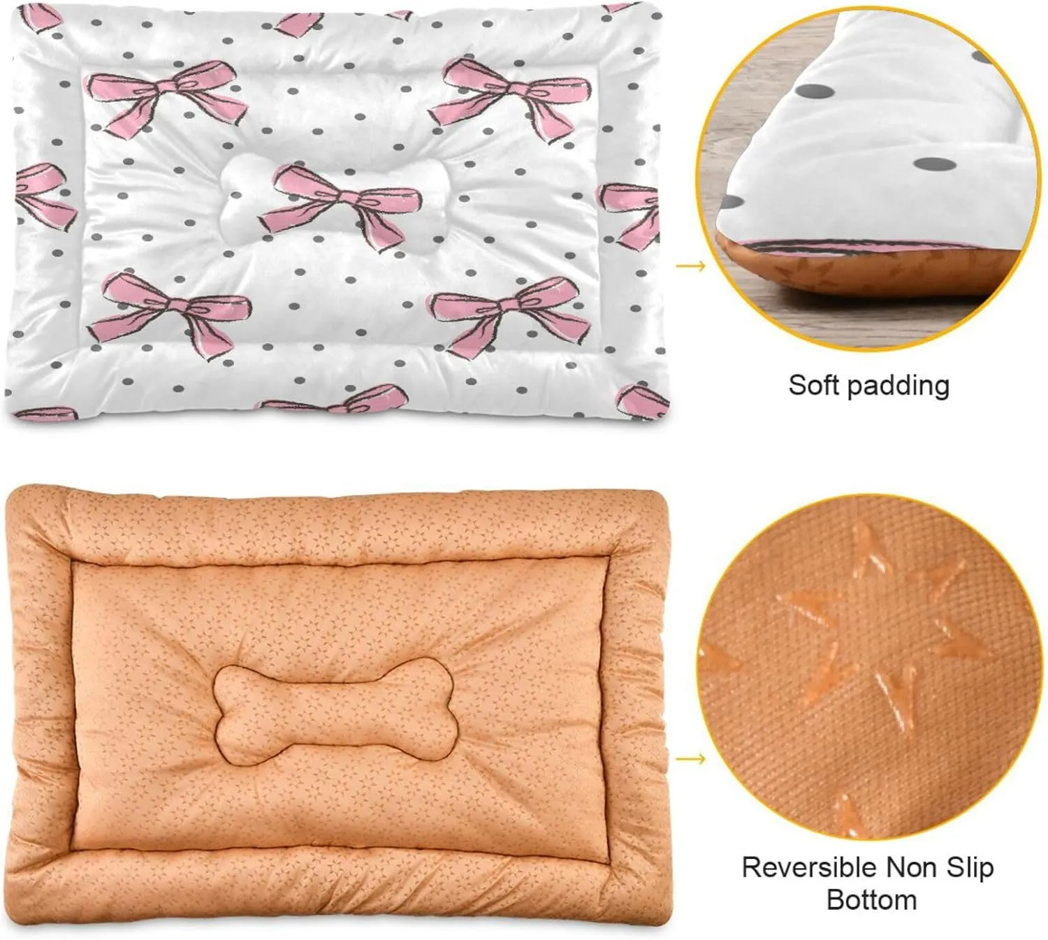 Bow Pink Crate Pet Bed, Portable Washable Dog Cat Mat, Soft Comfortable Pet Mattress with Non-Slip Bottom for Dogs Cats Sleeping, 36 x 24 Inch