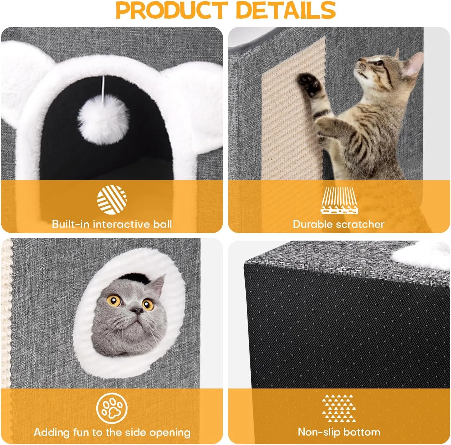 Cat Beds for Indoor Cats, Large Cat House Foldable Cat Cave with Scratch Pad and Hanging Fluffy Ball, Reversible Cushion Hideaway for Pet Cats, 16.5x16.5x13.2 inches, Dark Grey