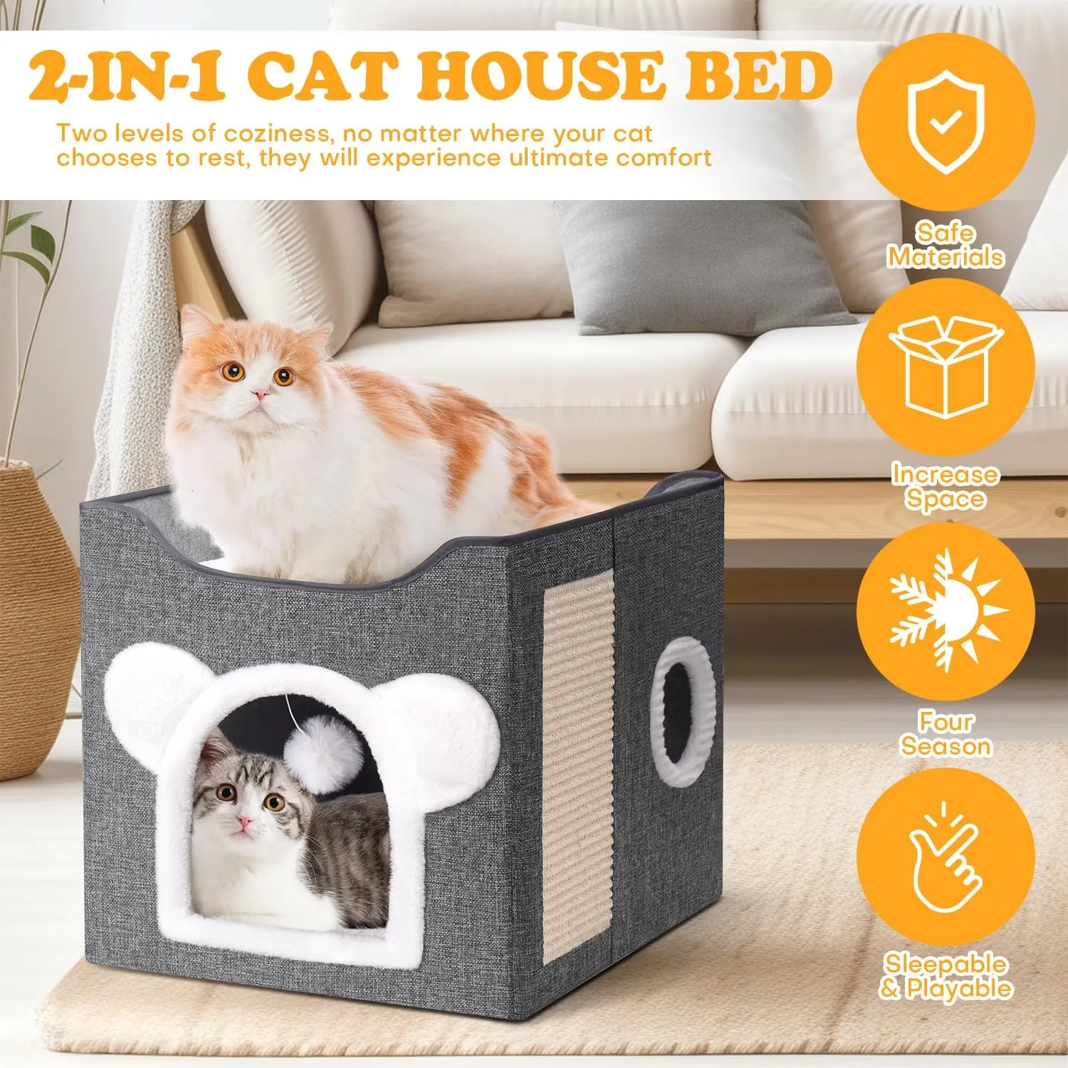 Cat Beds for Indoor Cats, Large Cat House Foldable Cat Cave with Scratch Pad and Hanging Fluffy Ball, Reversible Cushion Hideaway for Pet Cats, 16.5x16.5x13.2 inches, Dark Grey