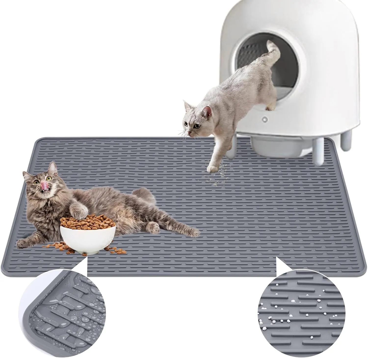 Cat Litter Mat,34x22in Litter Mat with Raised Edges,Waterproof Rubber Litter Box Mat,Soft Washable Cat Litter Mats Litter Trapping Matt Easy to Clean,Indoor Floor Large Kitty Litters Mat Gray