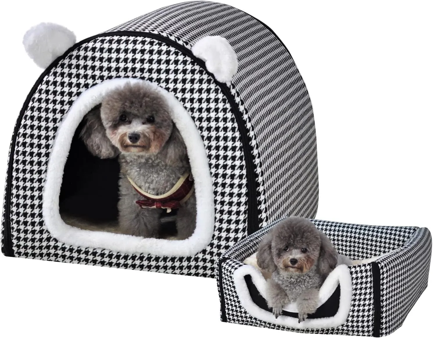 Dog Bed or Cat Bed,2 Ways to Use,Indoor Pet House with Fluffy Mat,Removable and Washable Cover,Non-Slip Bottom,for Medium Dogs and Cats(L Black Cranes)