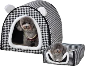 Dog Bed or Cat Bed,2 Ways to Use,Indoor Pet House with Fluffy Mat,Removable and Washable Cover,Non-Slip Bottom,for Medium Dogs and Cats(L Black Cranes)