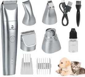 Dog Clippers Grooming Kit Hair Clippers with Nail Grinder Set 4 in 1, Cordless Electric Trimmer- Low Noise Paw Trimmer-USB Rechargeable Quiet Nail Grinder Shaver for Cats and Other Pets Sliver