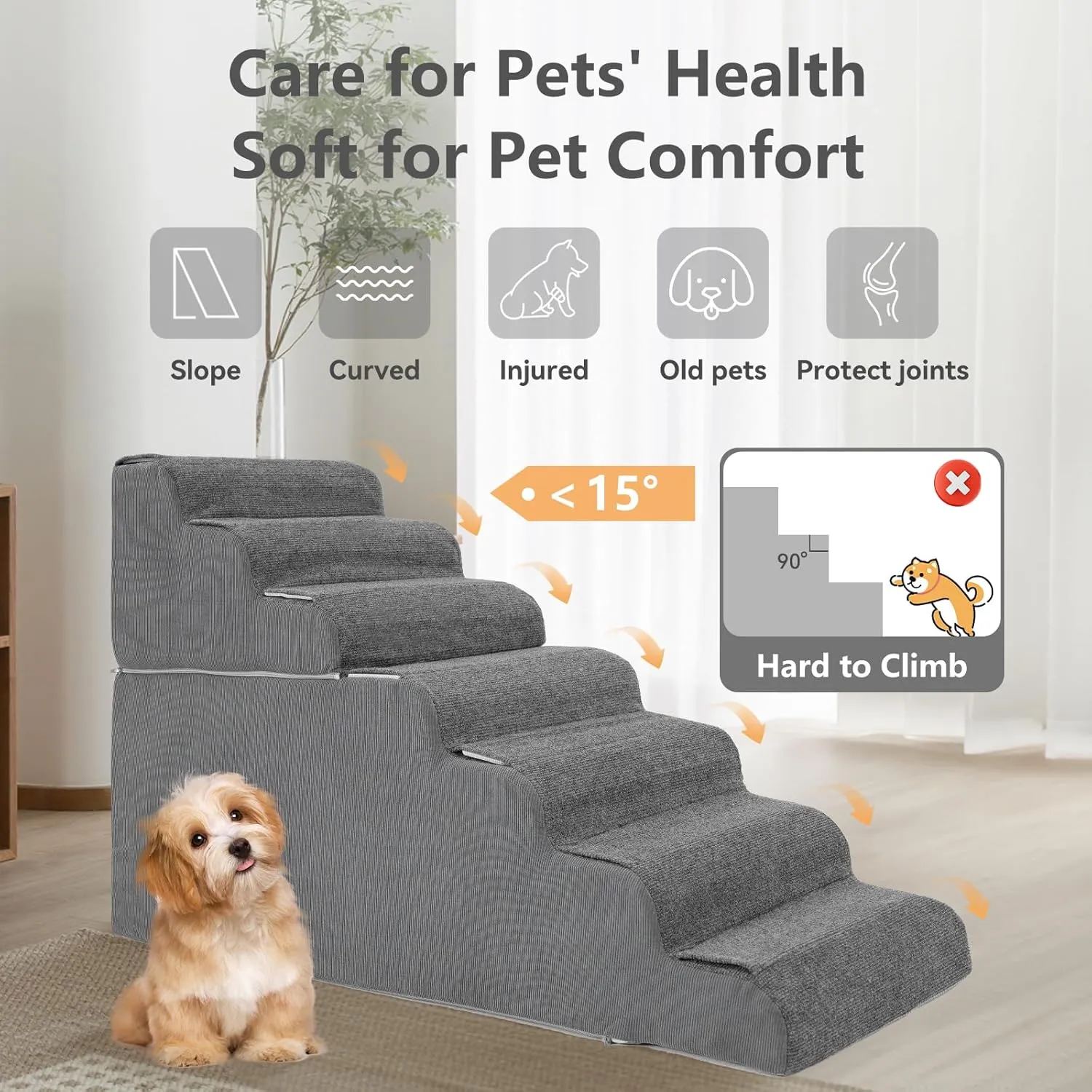   Dog Steps for High Bed, 30'' High Dog Stairs for Small Dogs, Waterproof Pet Stairs for Small Old Large Dogs and Cats with Removable Cover & PE Support Board for Bed, Car or Couch