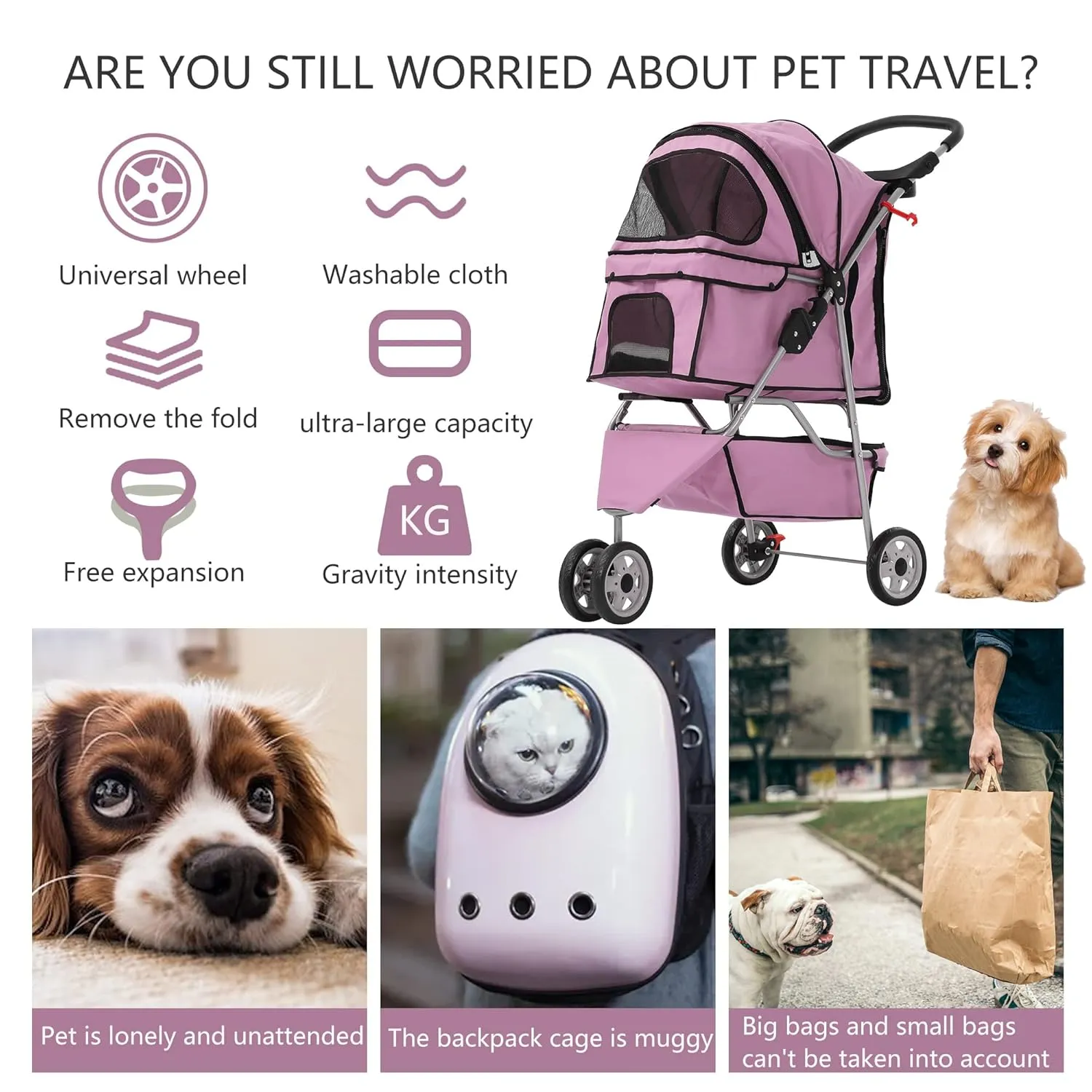 Dog Stroller,Travel Folding Pet Stroller for Small Medium Dog Cat Jogger Stroller with Storage Basket Removable Cup Holders (Pink, 3 Wheels)