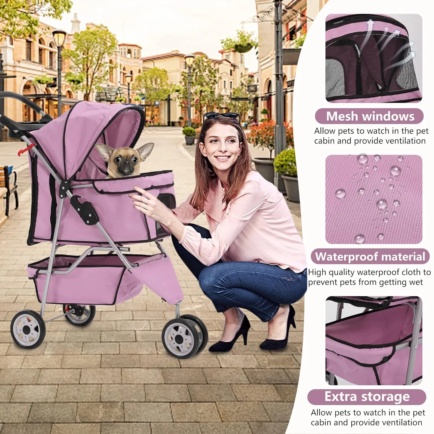 Dog Stroller,Travel Folding Pet Stroller for Small Medium Dog Cat Jogger Stroller with Storage Basket Removable Cup Holders (Pink, 3 Wheels)