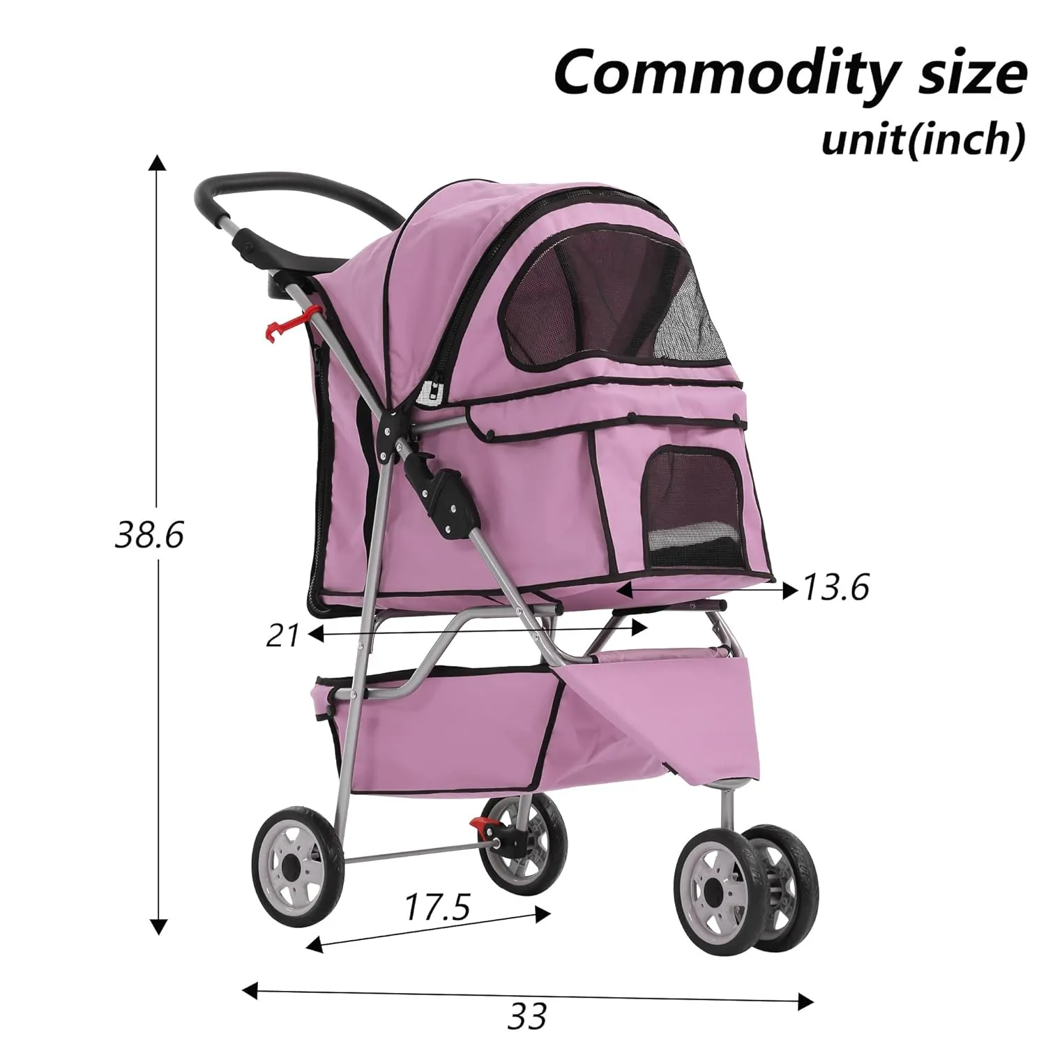 Dog Stroller,Travel Folding Pet Stroller for Small Medium Dog Cat Jogger Stroller with Storage Basket Removable Cup Holders (Pink, 3 Wheels)