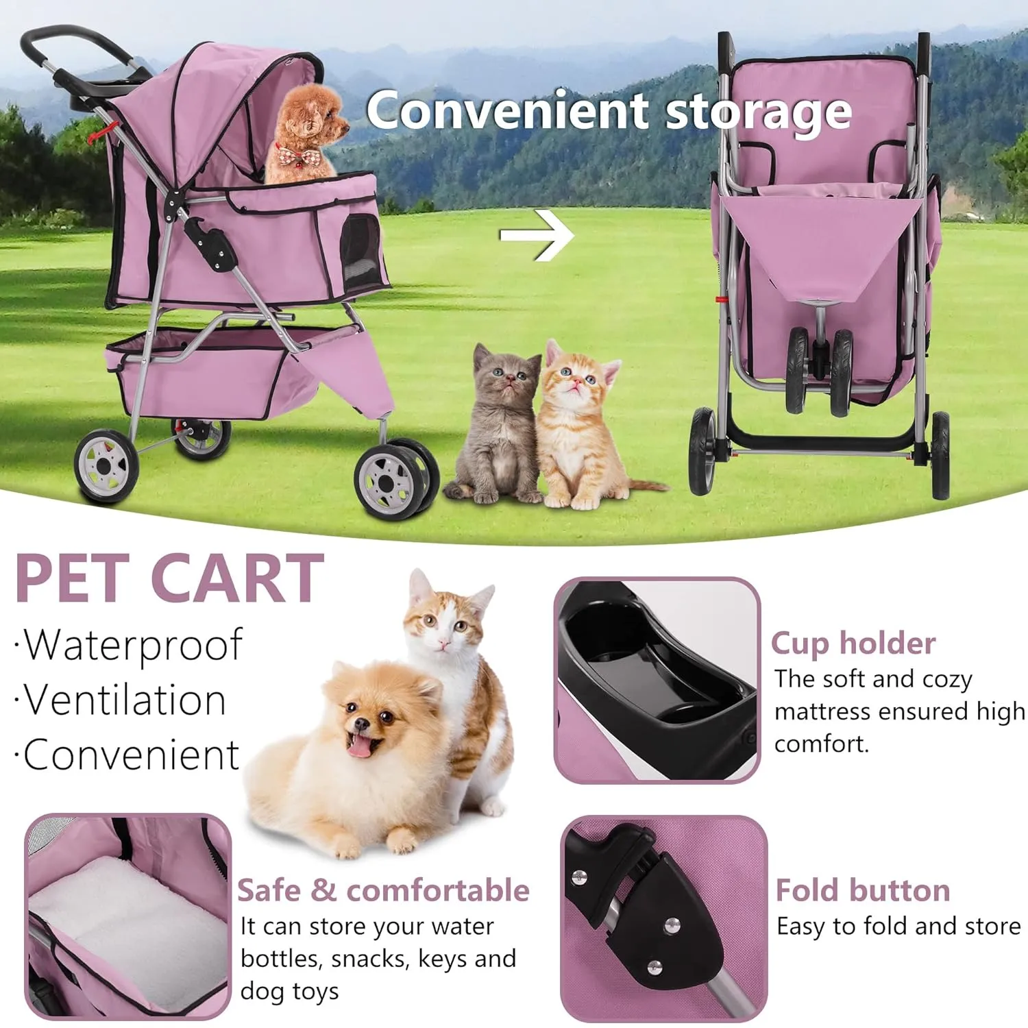 Dog Stroller,Travel Folding Pet Stroller for Small Medium Dog Cat Jogger Stroller with Storage Basket Removable Cup Holders (Pink, 3 Wheels)