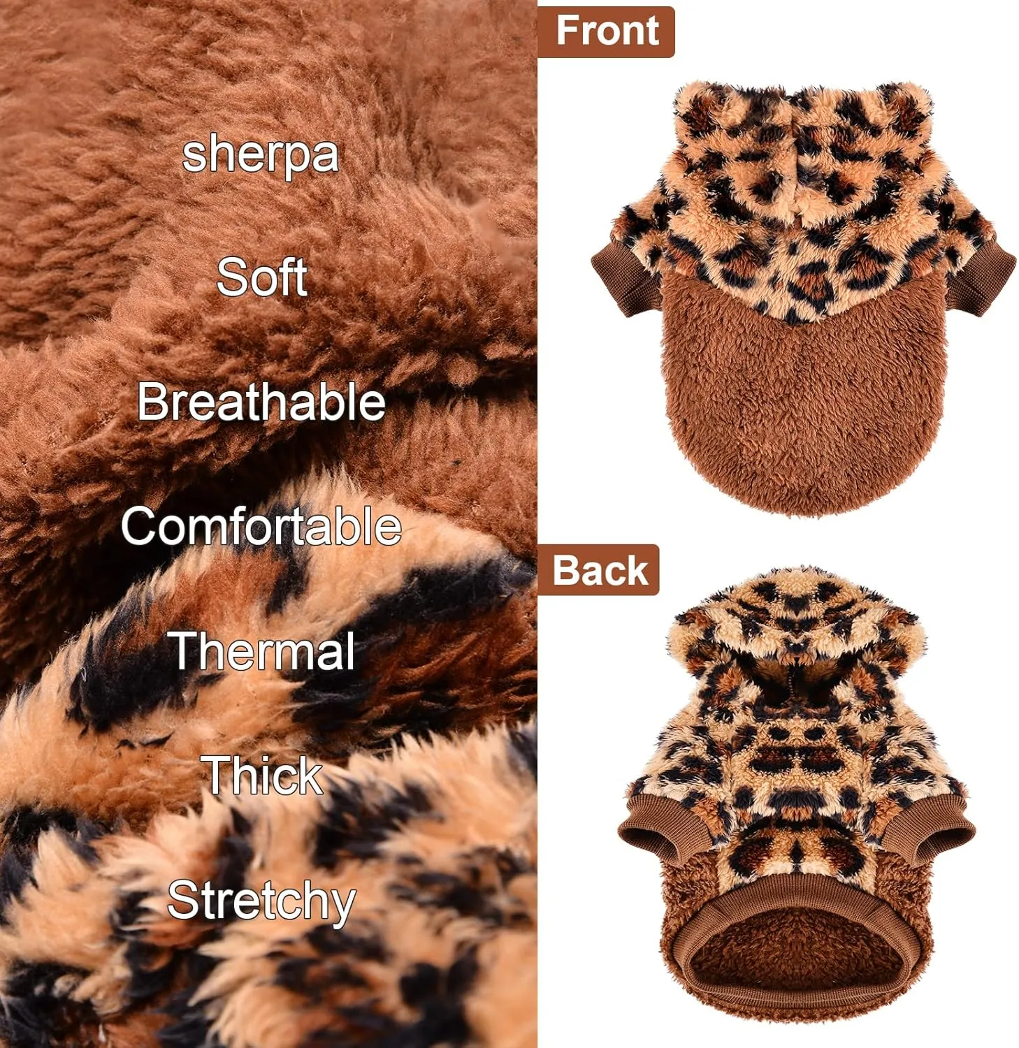 Dog Sweaters for Small Dogs, Fleece Dog Hoodie Clothes, Spring Winter Cute Warm Puppy Chihuahua Sweater, Pet Doggie Sweater for Yorkie Teacup, Cat Apparel (Leopard, XX-Small)