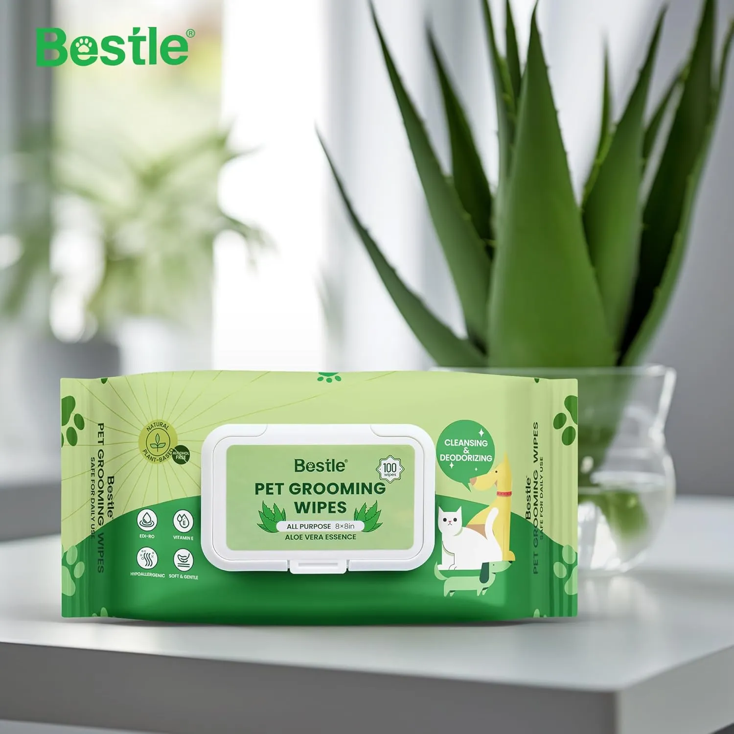 Dog Wipes, 100 Count Pet Grooming Wipes, Conditioning Shine Coat, Cleaning and Deodorizing, Pet Wipes for Dogs & Cats, for Sensitive Skin (Aloe Vera)