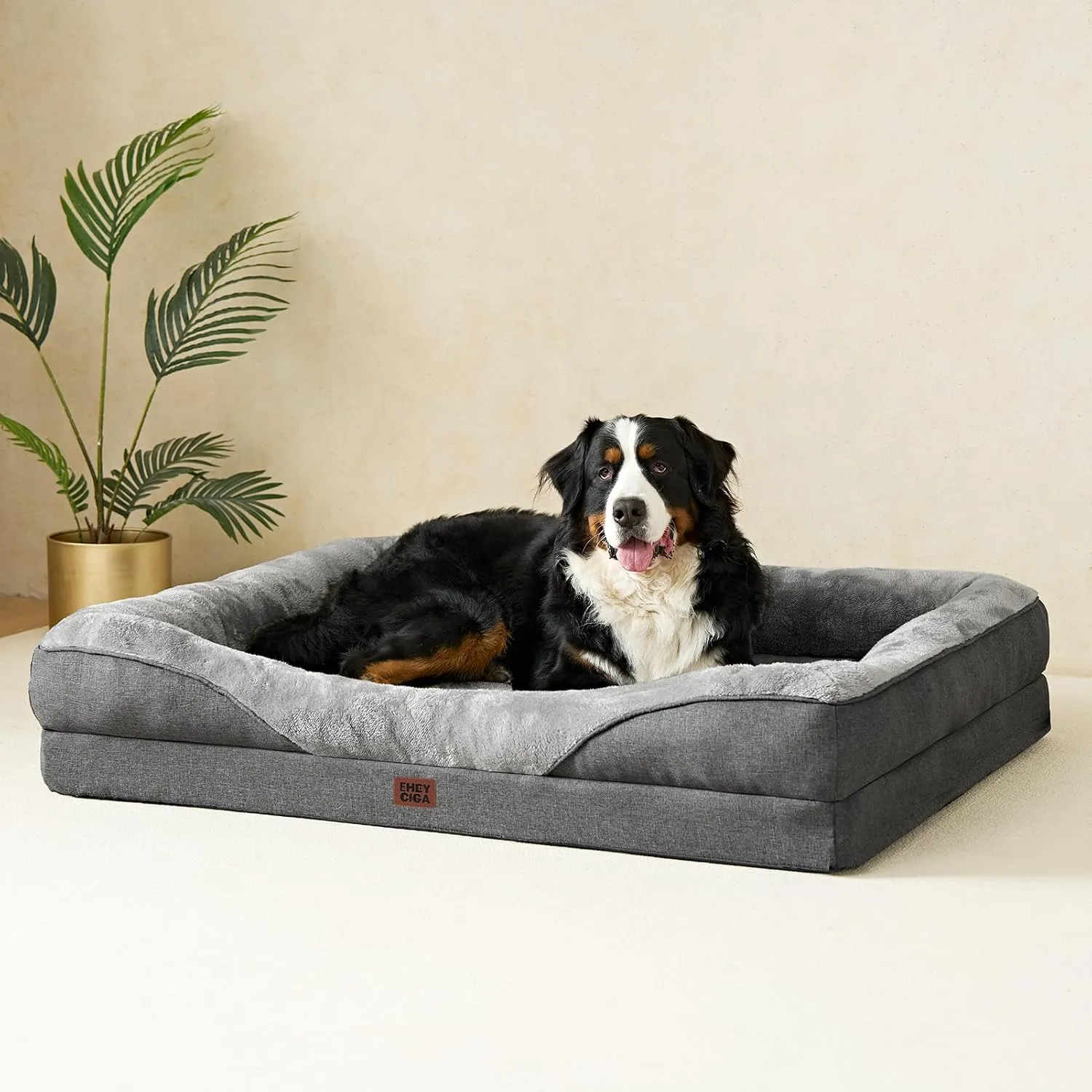 EHEYCIGA Memory Foam XL Dog Bed for XLarge Sized, Extra Large Orthopedic Dog Sofa with Sides and Waterproof Liner, Washable Bolster Pet Couch with Removable Cover, 48x35x7.5 Inch, Grey