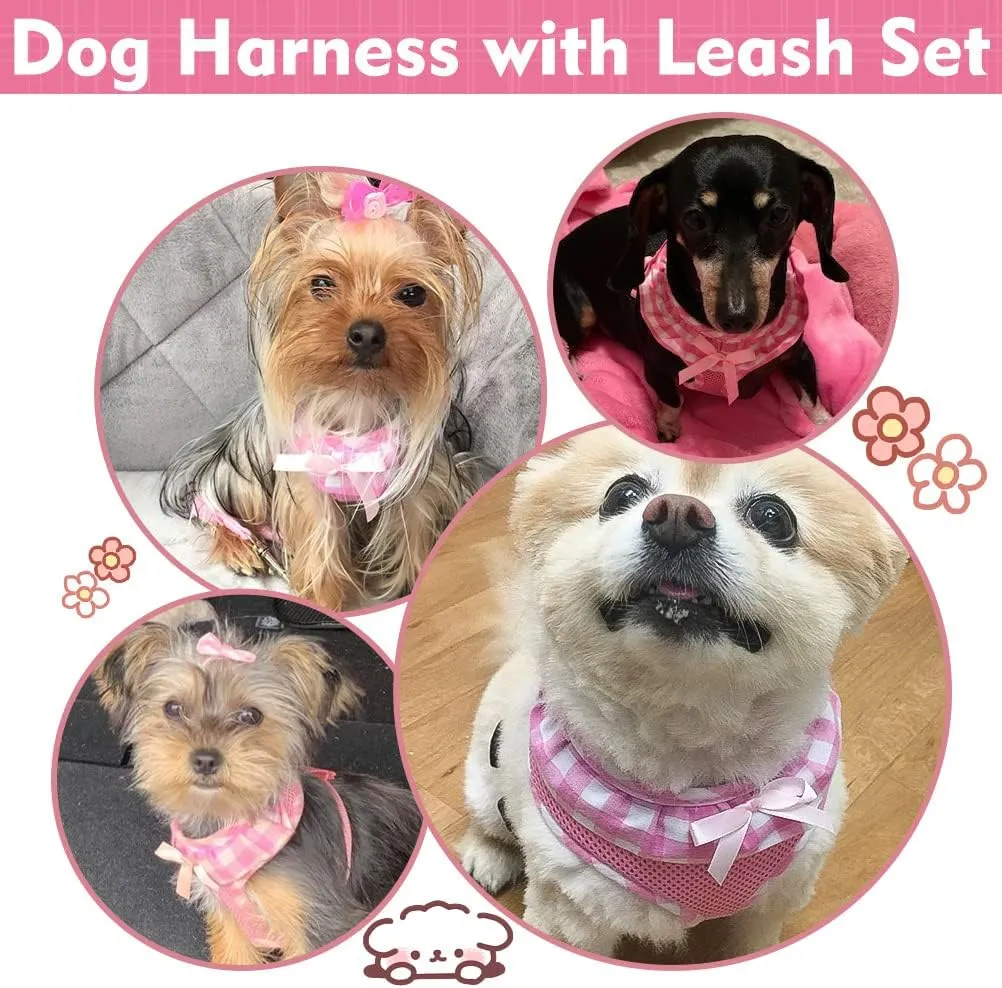 EXPAWLORER Soft Mesh Dog Harness and Leash Set - Pink No-Choke Step-in Adjustable Cute Vest for Puppy Dogs Cats, Breathable Lightweight for Outdoor Walking, X-Small