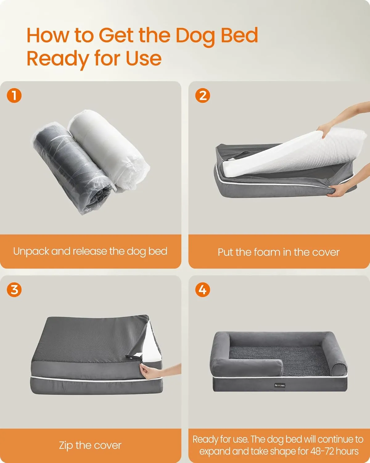 Feandrea Dog Bed, Orthopedic Dog Bed, Large Dog Bed Waterproof, Removable Washable Cover Dog Sofa with Non-Slip Bottom, Raised Edges, 36 x 28 x 8 Inches, Light Gray UPGW067G02