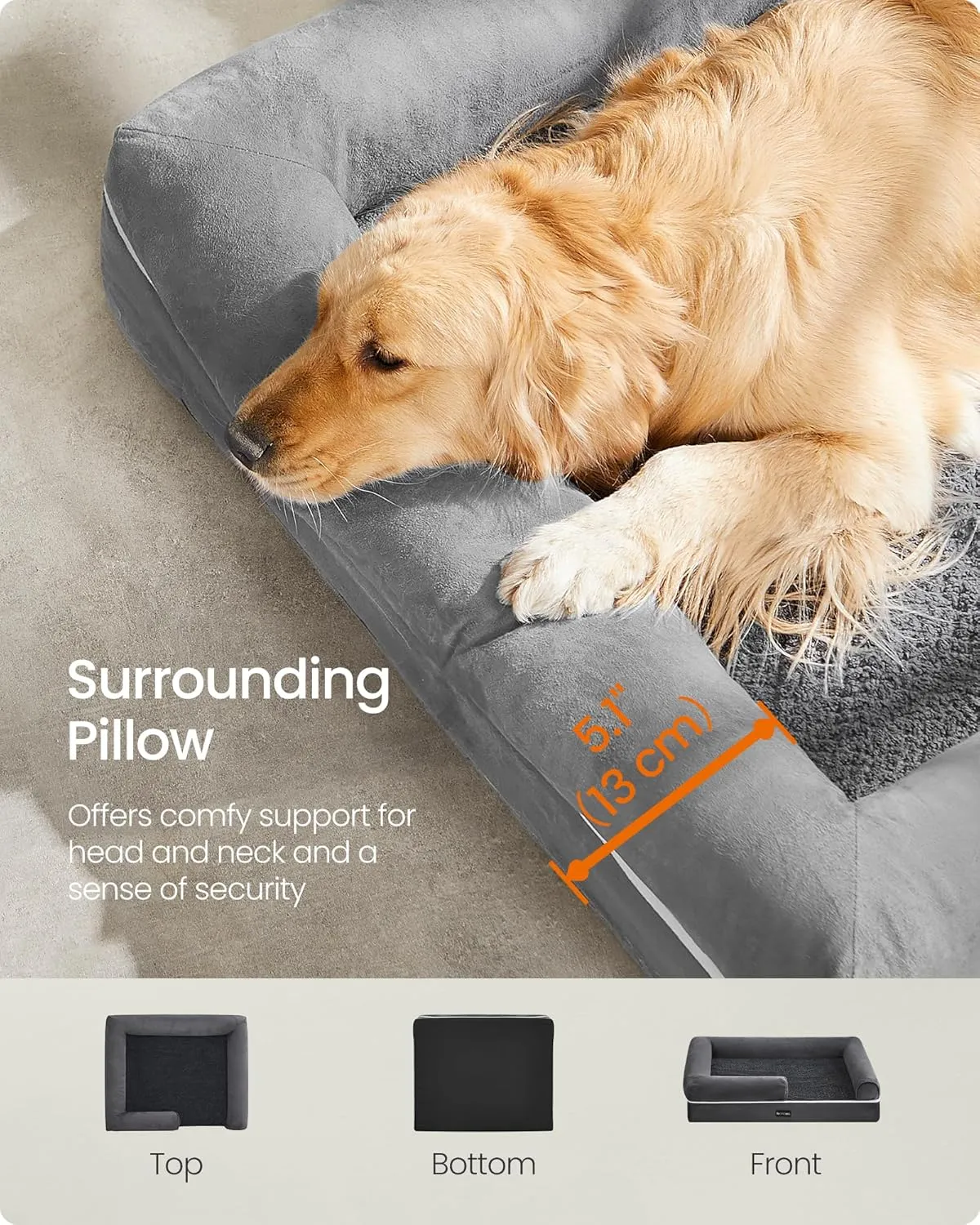 Feandrea Dog Bed, Orthopedic Dog Bed, Large Dog Bed Waterproof, Removable Washable Cover Dog Sofa with Non-Slip Bottom, Raised Edges, 36 x 28 x 8 Inches, Light Gray UPGW067G02
