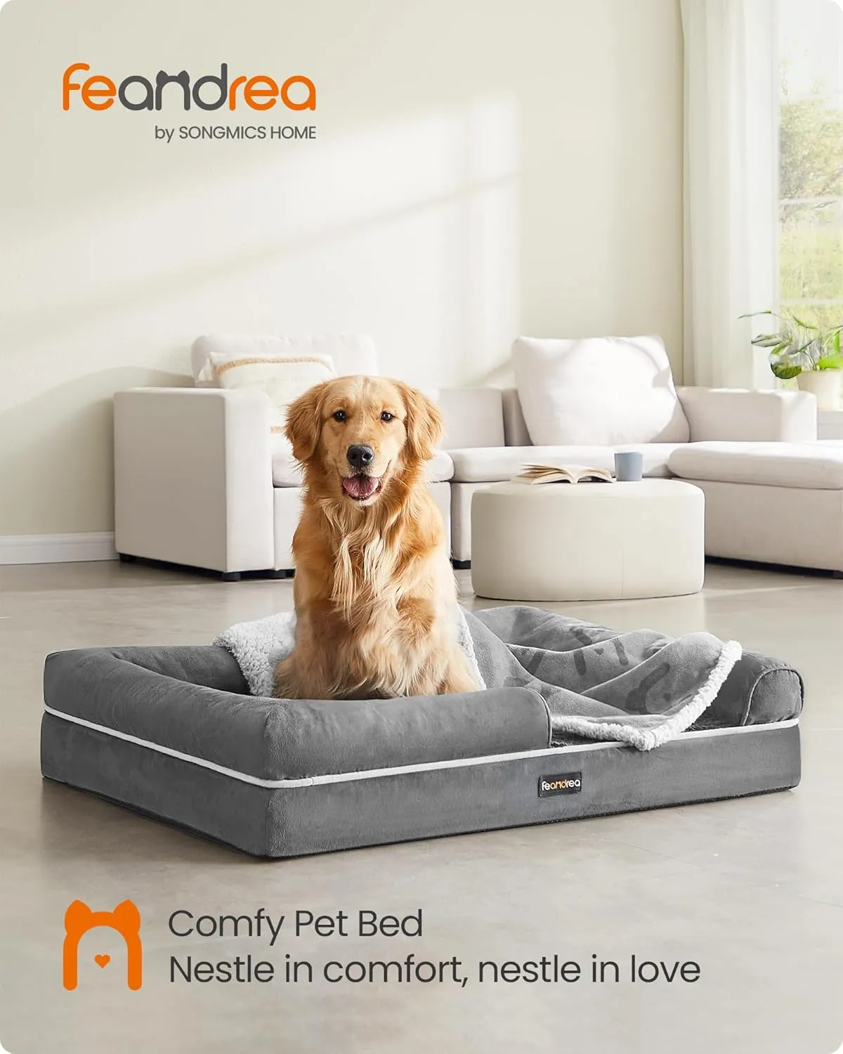 Feandrea Dog Bed, Orthopedic Dog Bed, Large Dog Bed Waterproof, Removable Washable Cover Dog Sofa with Non-Slip Bottom, Raised Edges, 36 x 28 x 8 Inches, Light Gray UPGW067G02