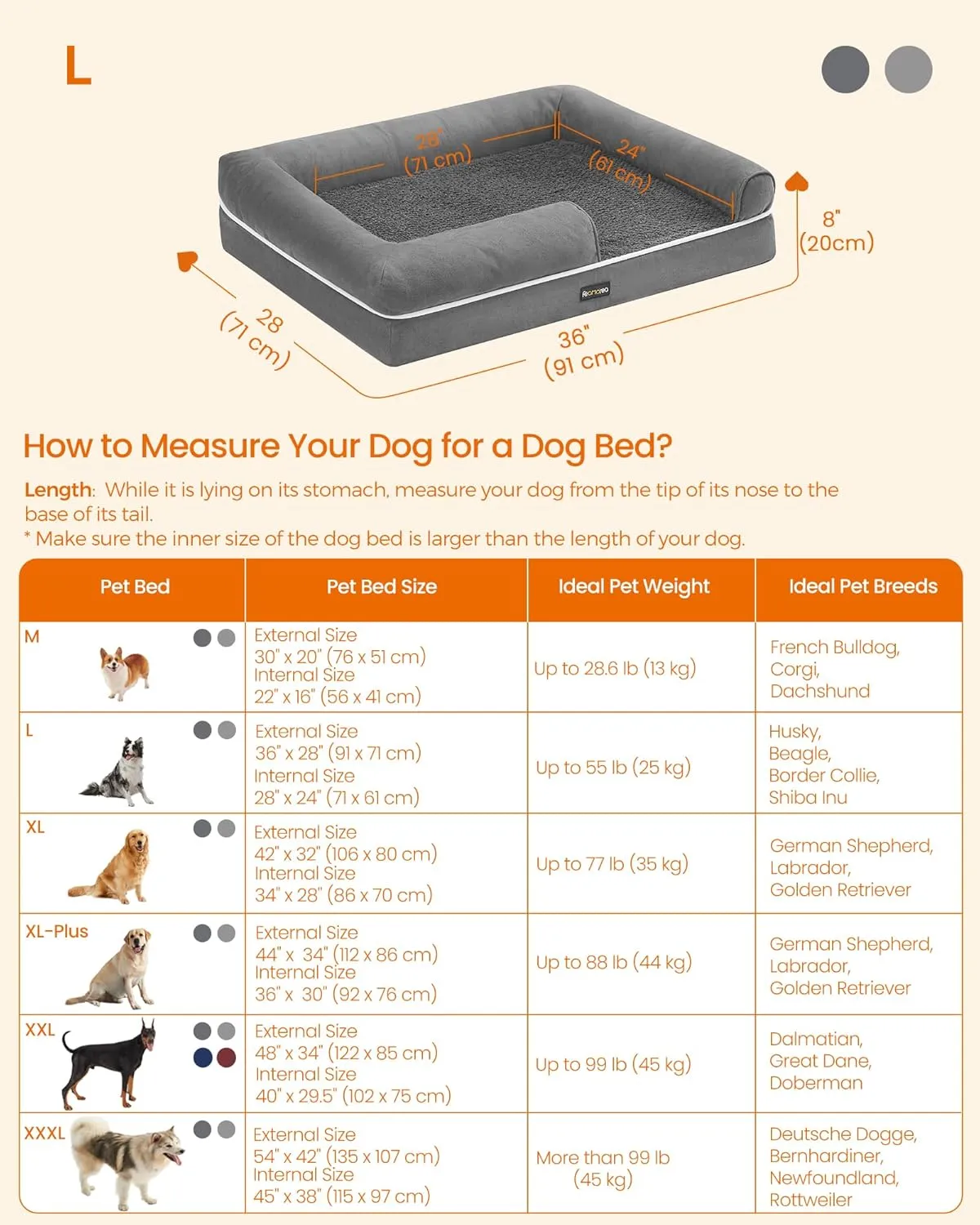 Feandrea Dog Bed, Orthopedic Dog Bed, Large Dog Bed Waterproof, Removable Washable Cover Dog Sofa with Non-Slip Bottom, Raised Edges, 36 x 28 x 8 Inches, Light Gray UPGW067G02