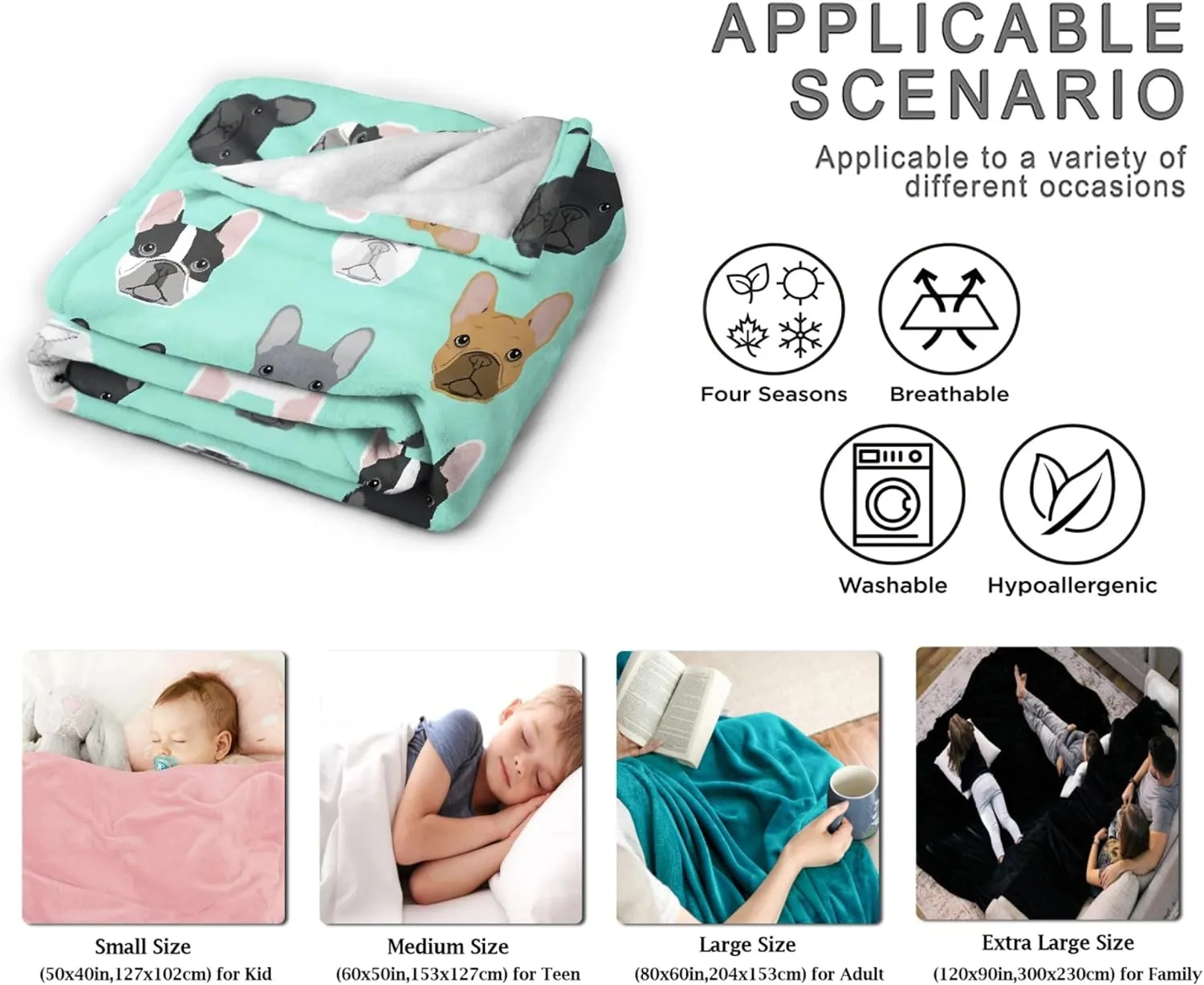 French Bulldog Faces Pattern Throw Blanket | Flannel Fleece Ultra Soft Bedding Quilt Home Decor | Lightweight Soft Cozy Luxury Blanket for All Season Extra Small 40x30in for Pets