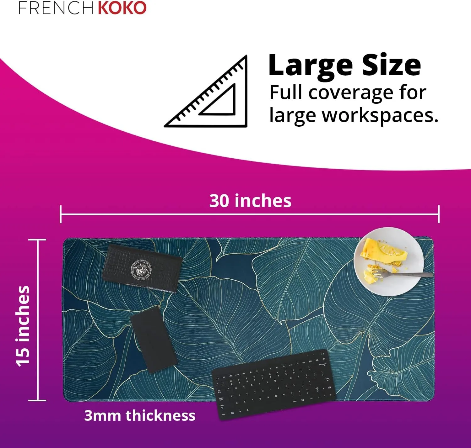 French KOKO Large Mouse Pad, Desk Mat, Keyboard Pad, Desktop Home Office School Essentials College Cute Decor Big Extended Protector Computer Accessories Pretty Mousepad Women Girls XL Green Leaves