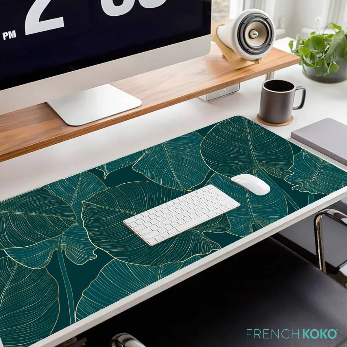 French KOKO Large Mouse Pad, Desk Mat, Keyboard Pad, Desktop Home Office School Essentials College Cute Decor Big Extended Protector Computer Accessories Pretty Mousepad Women Girls XL Green Leaves