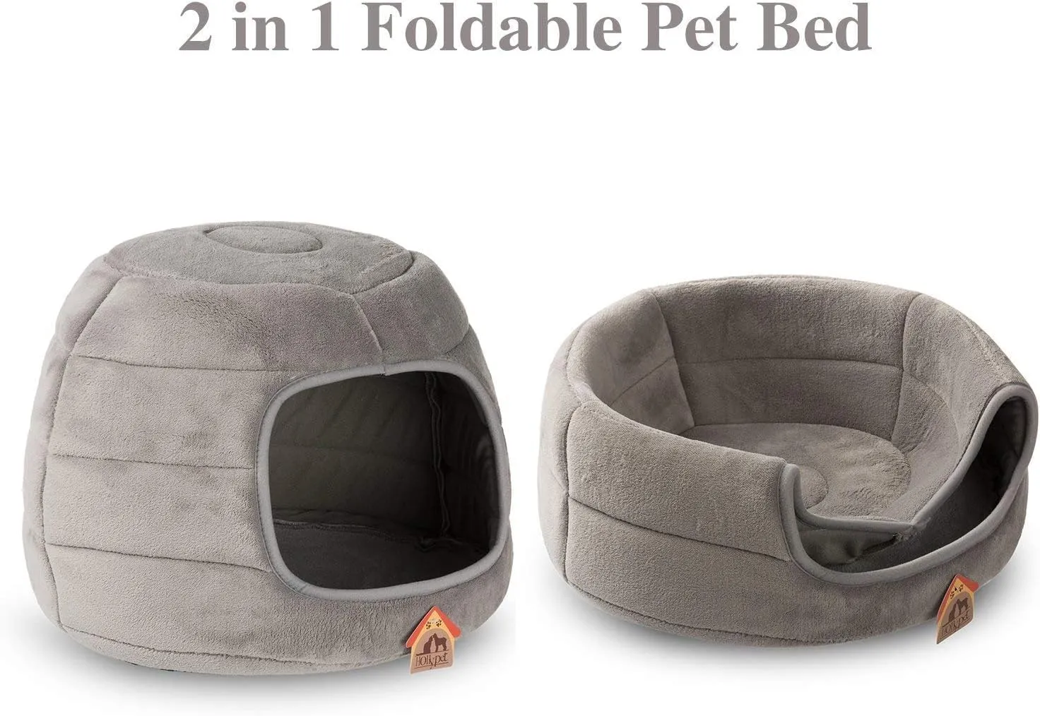 Hollypet Coral Velvet Cat Bed, 161612.5 inches 2 in 1 Foldable Cave, Self-Warming High Elastic Foam Pet Bed for Cats, Light Gray