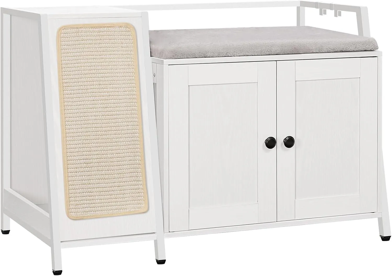 HOOBRO Cat Litter Box Enclosure with Soft Cushion, Hidden Litter Box Enclosure with Sisal Scratching Mat, 34.3" L x 17.7" W x 22.8" H, Wooden Cat Furniture with Dangling Plush Ball, White WT87MW01